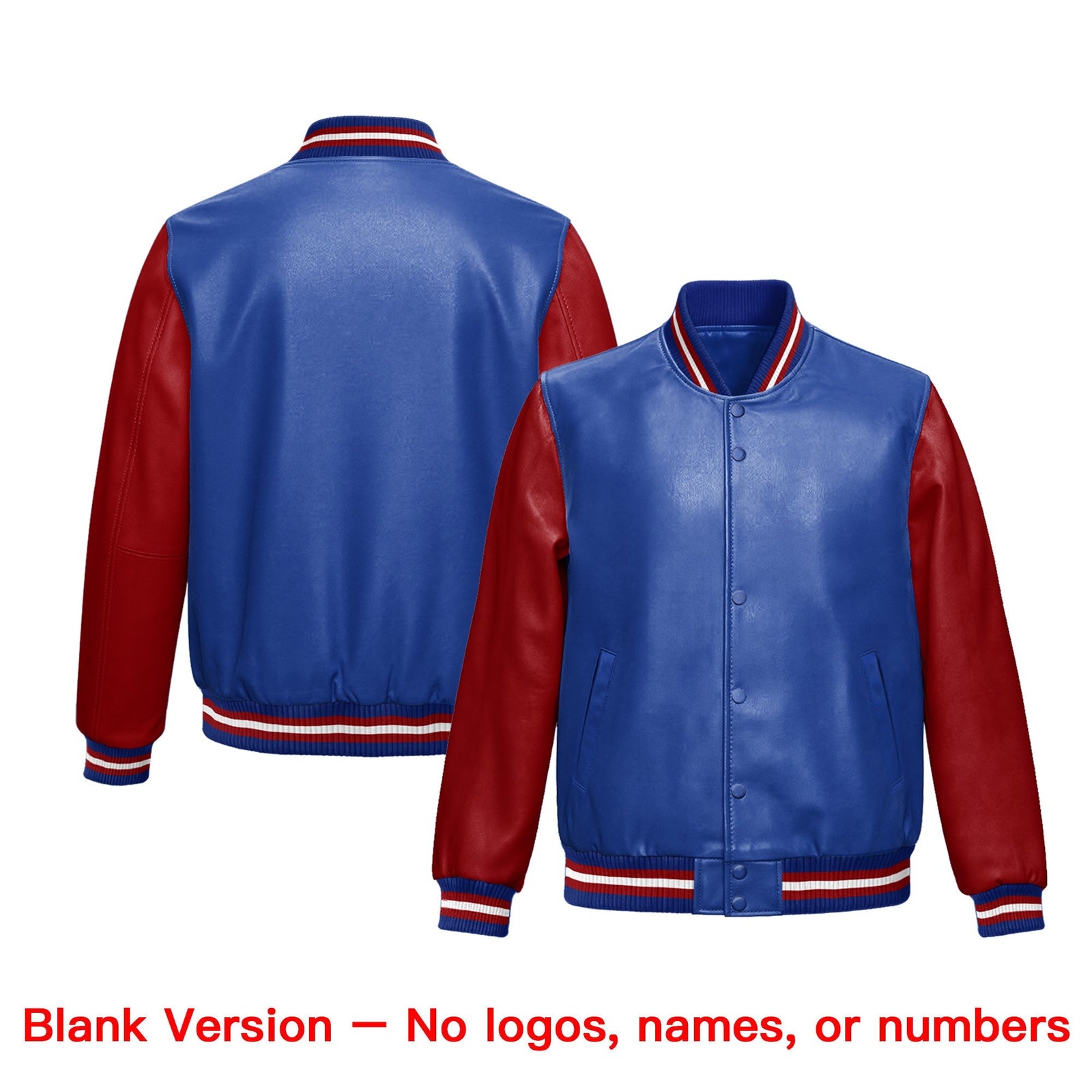 Custom Royal Blue Red Raglan Sleeves Full-Snap Faux Leather Letterman Jacket| KXKSHOP