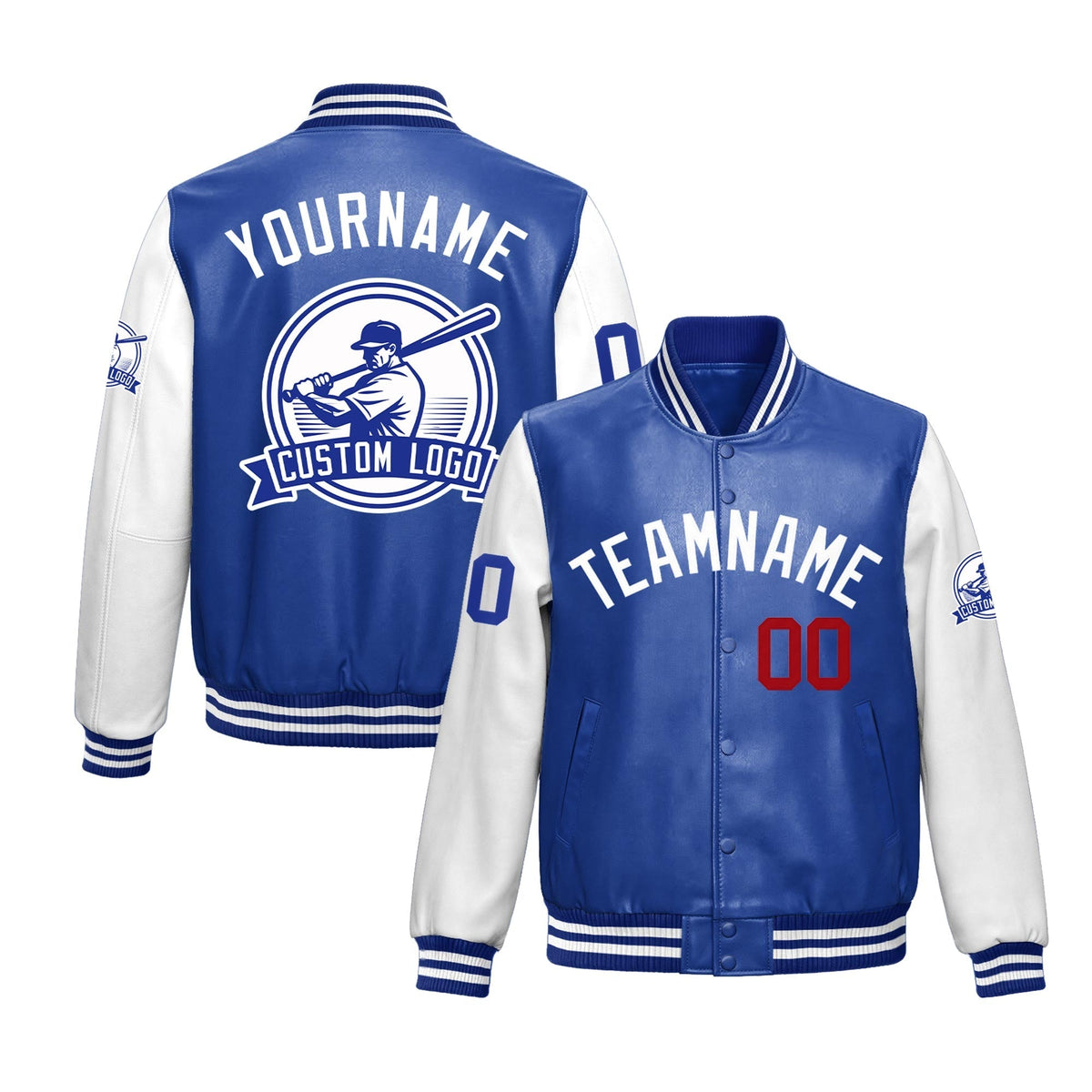 Custom Royal Blue White Raglan Sleeves Full-Snap Faux Leather Letterman Jacket| KXKSHOP