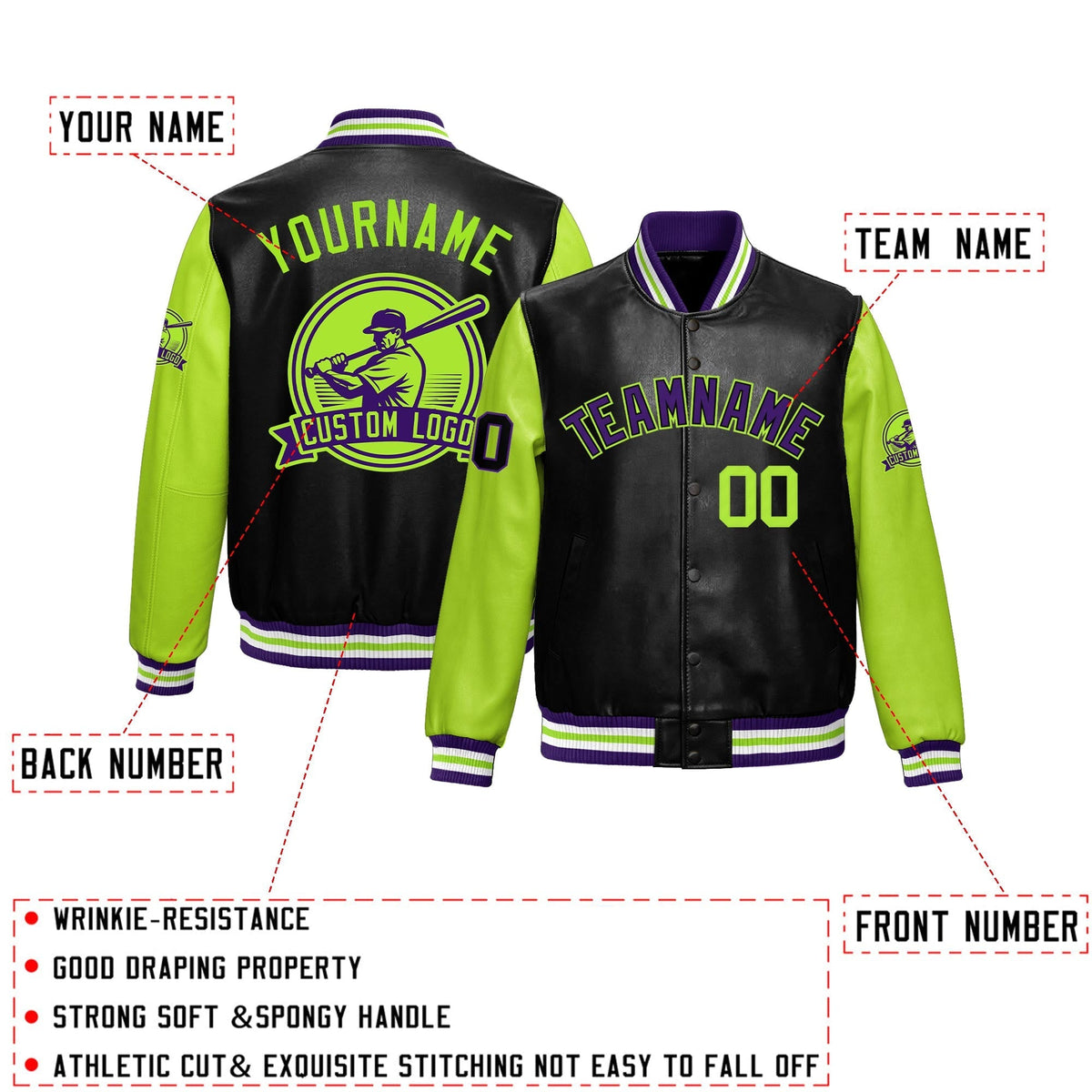 Custom Black Neon Green Raglan Sleeves Full-Snap Faux Leather Letterman Jacket| KXKSHOP