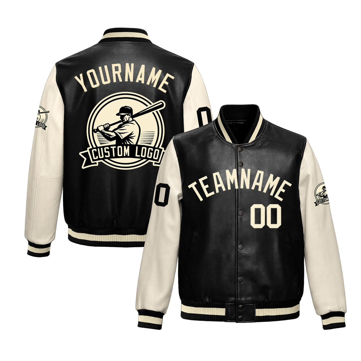 Custom Black Cream Raglan Sleeves Full-Snap Faux Leather Letterman Jacket| KXKSHOP