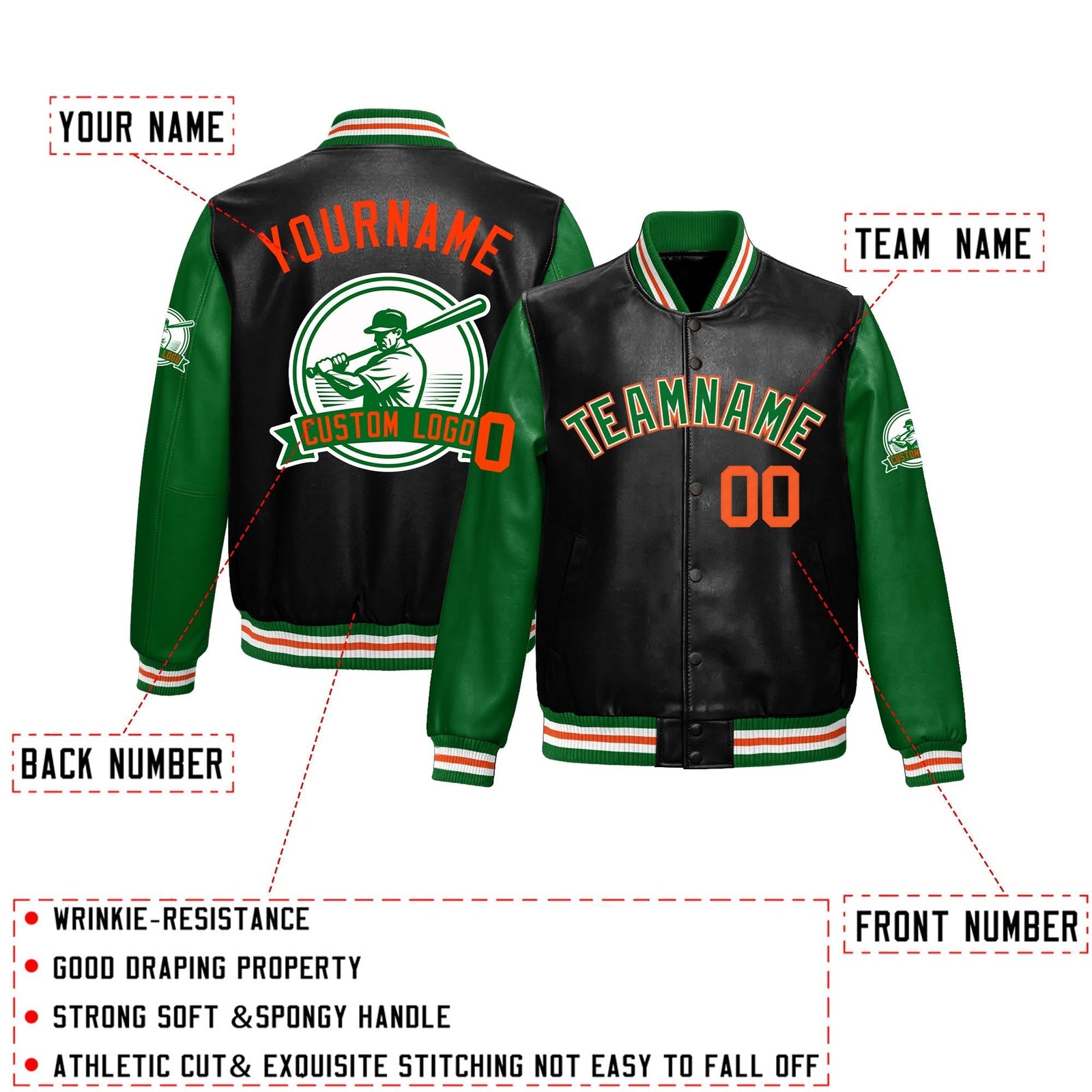 Custom Black Kelly Green Raglan Sleeves Full-Snap Faux Leather Letterman Jacket| KXKSHOP