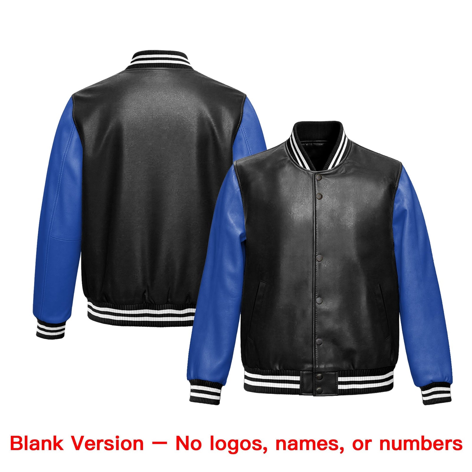 Custom Black Royal Blue Raglan Sleeves Full-Snap Faux Leather Letterman Jacket| KXKSHOP
