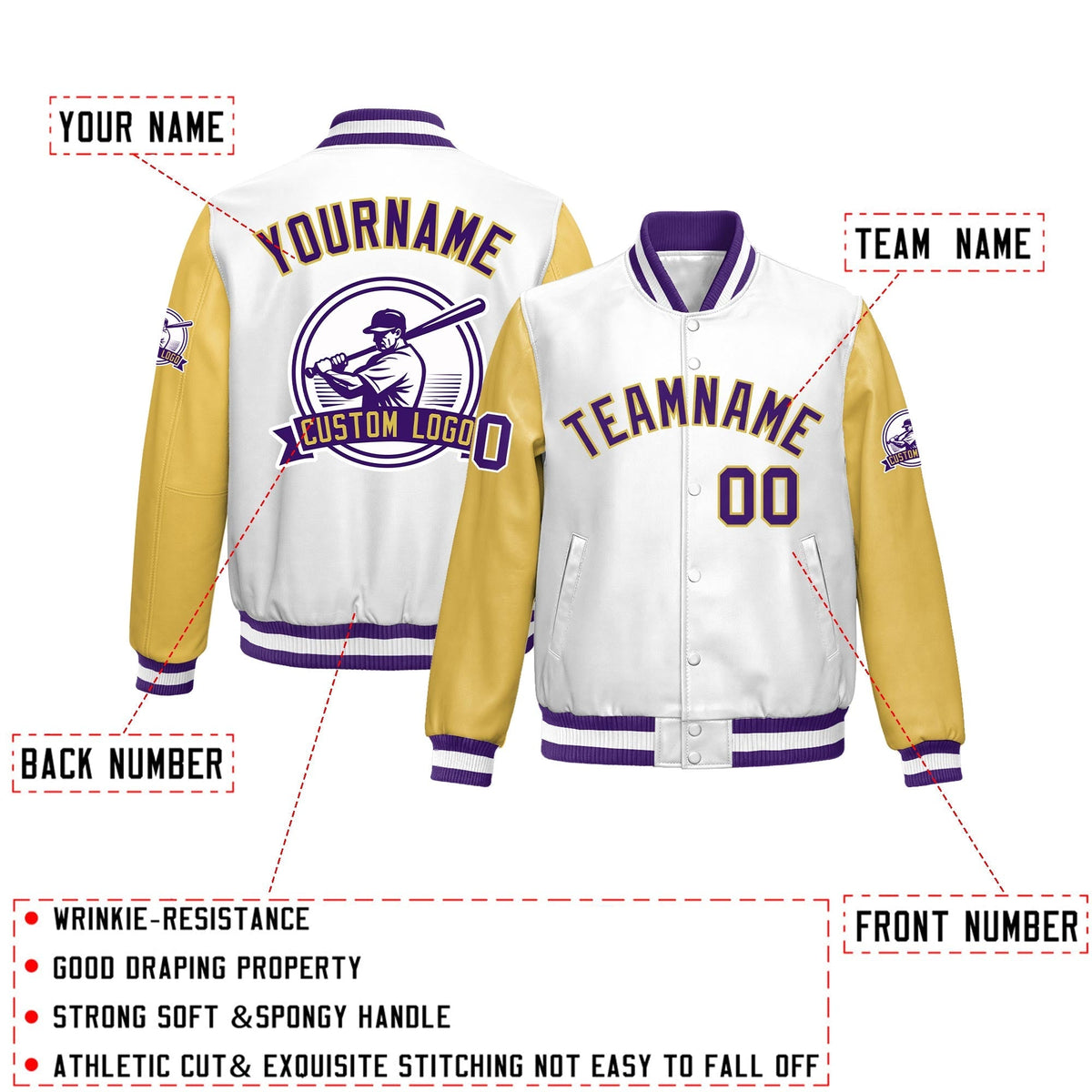 Custom Khaki Purple Raglan Sleeves Full-Snap Faux Leather Letterman Jacket| KXKSHOP