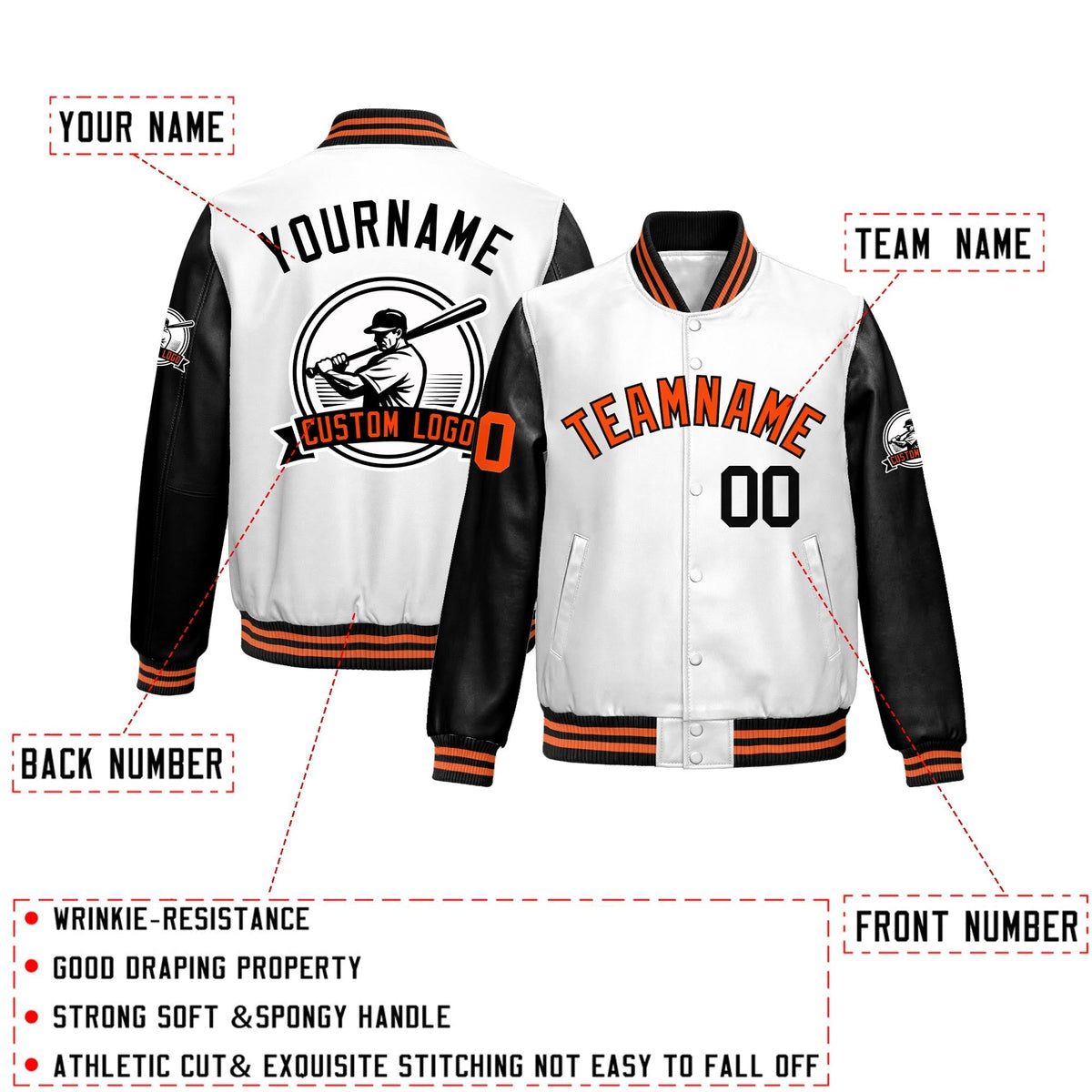 Custom Black White Raglan Sleeves Full-Snap Faux Leather Letterman Jacket| KXKSHOP