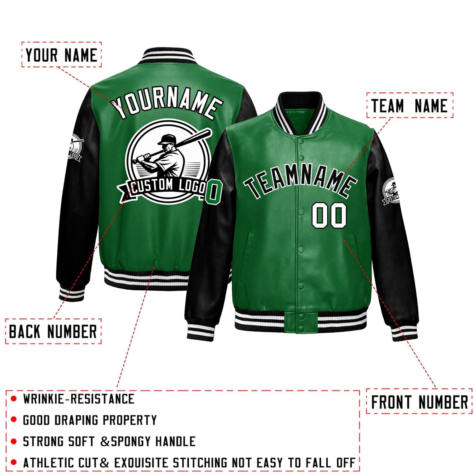 Custom Kelly Green Black Raglan Sleeves Full-Snap Faux Leather Letterman Jacket| KXKSHOP