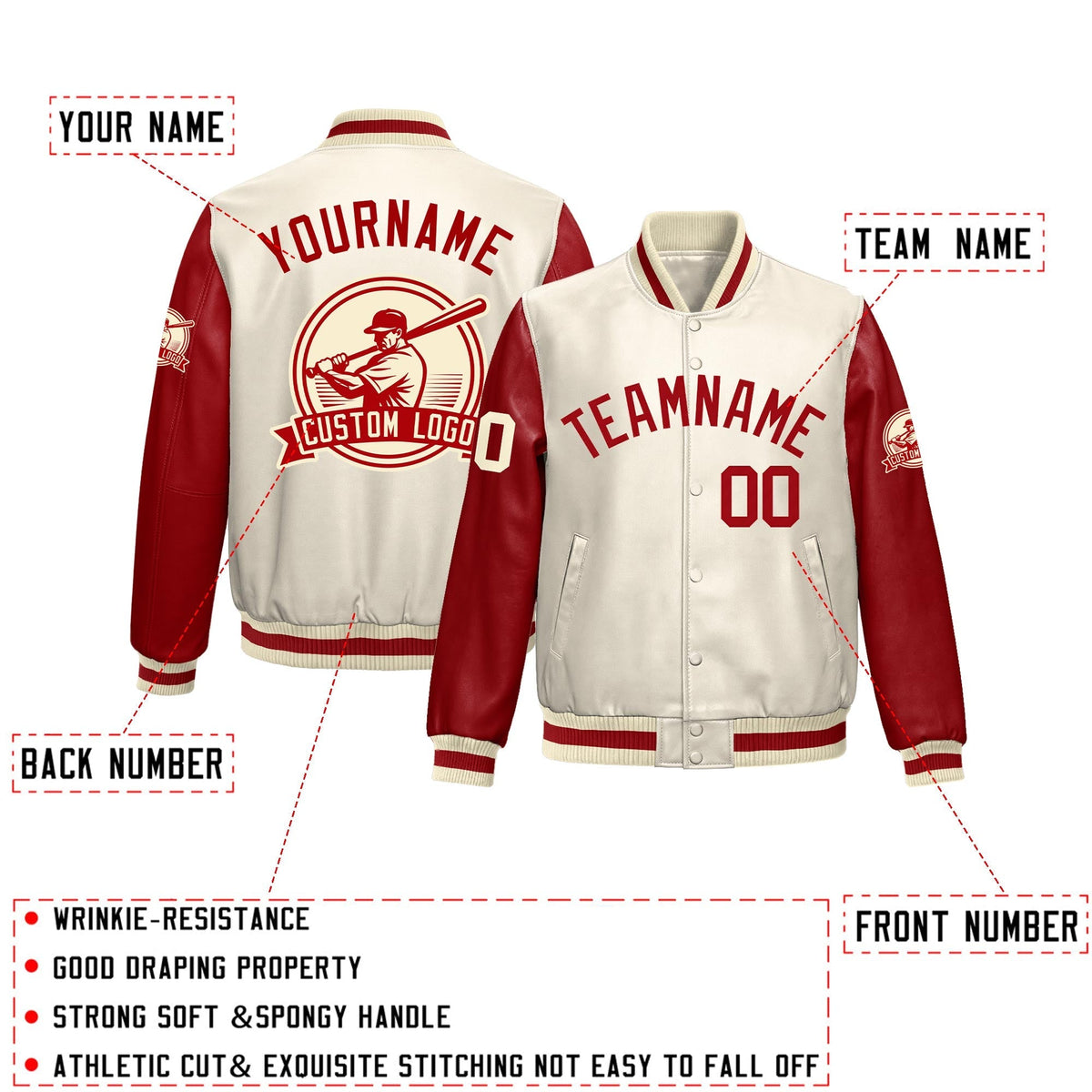 Custom Cream Red Raglan Sleeves Full-Snap Faux Leather Letterman Jacket| KXKSHOP