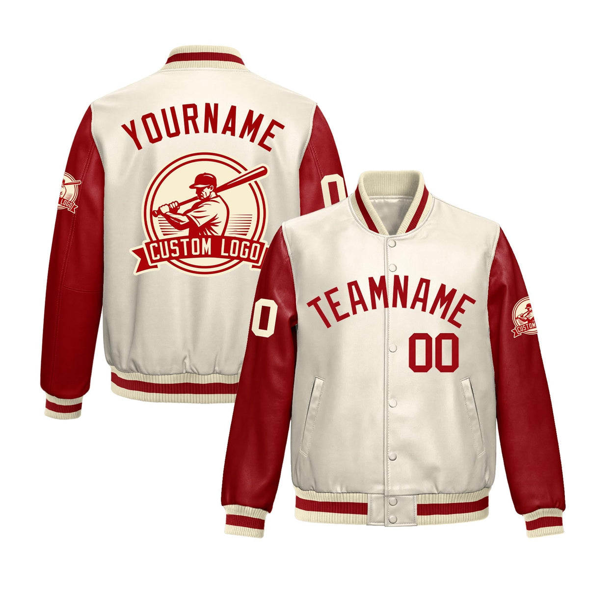 Custom Cream Red Raglan Sleeves Full-Snap Faux Leather Letterman Jacket| KXKSHOP