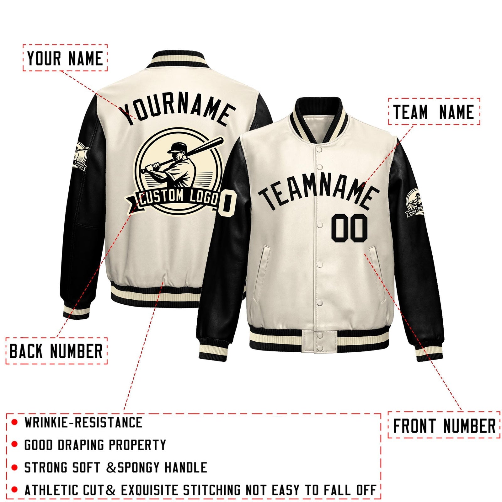 Custom Cream Black Raglan Sleeves Full-Snap Faux Leather Letterman Jacket| KXKSHOP