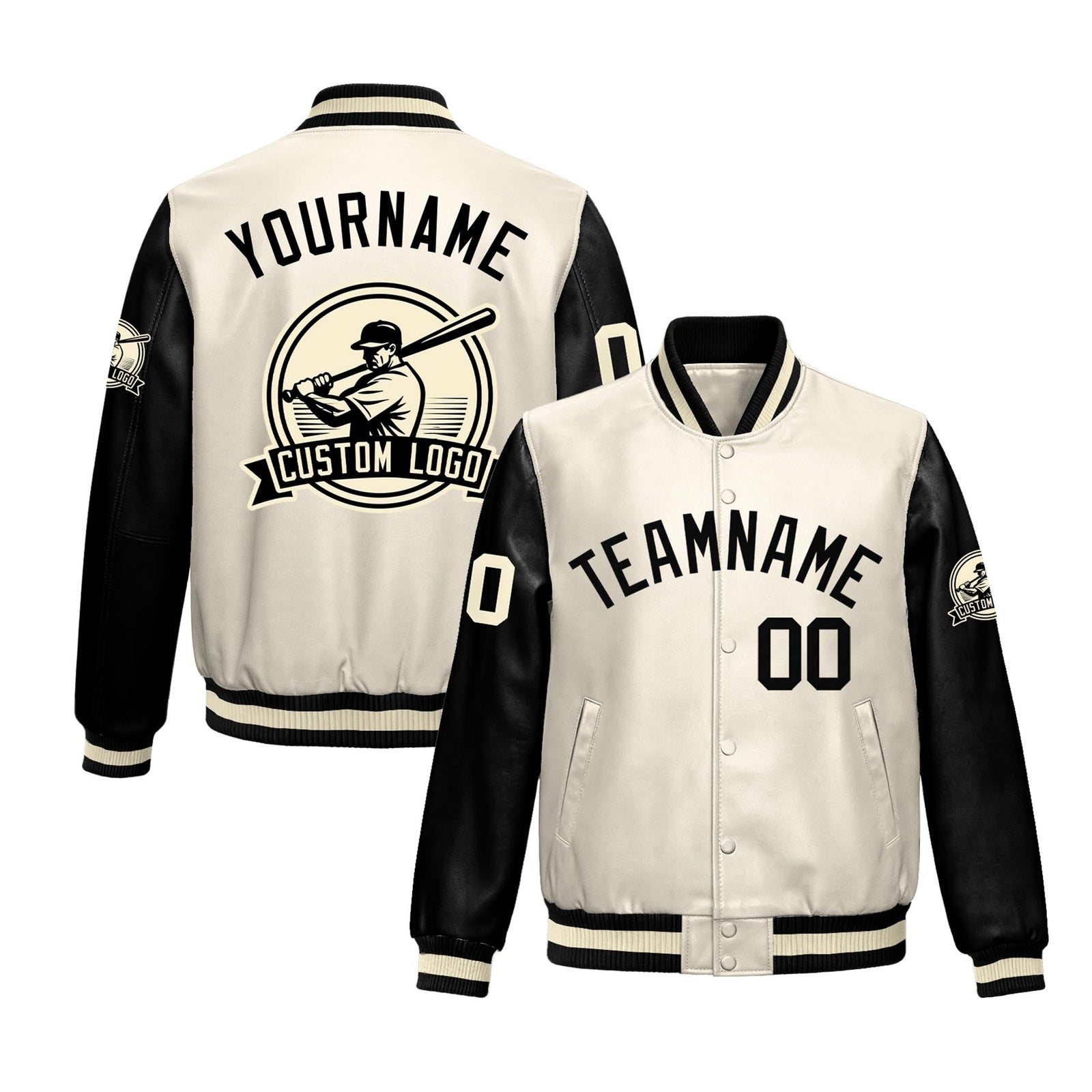 Custom Cream Black Raglan Sleeves Full-Snap Faux Leather Letterman Jacket| KXKSHOP