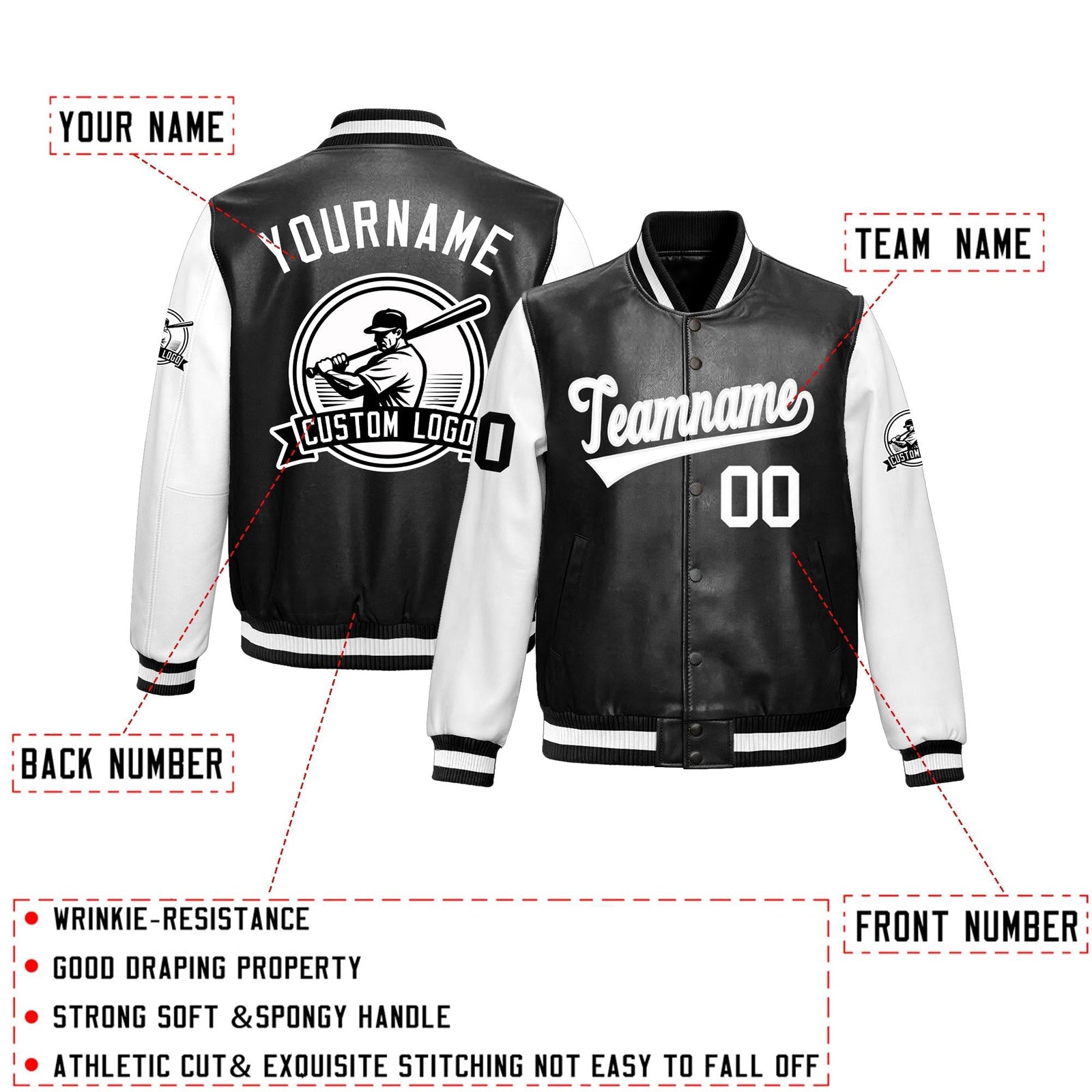 Custom Black White Raglan Sleeves Full-Snap Faux Leather Letterman Jacket| KXKSHOP