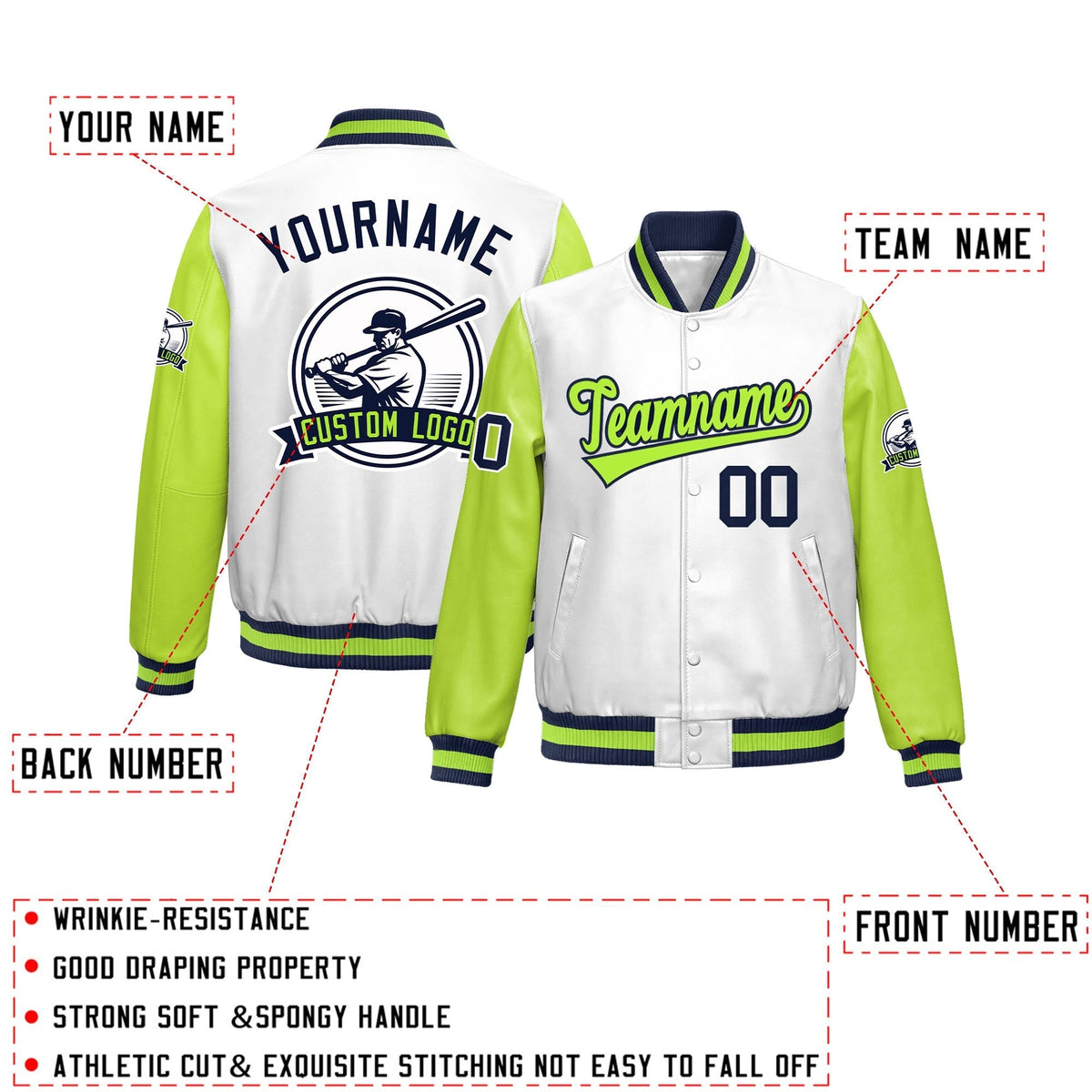 Custom Neon Green Navy Raglan Sleeves Full-Snap Faux Leather Letterman Jacket| KXKSHOP