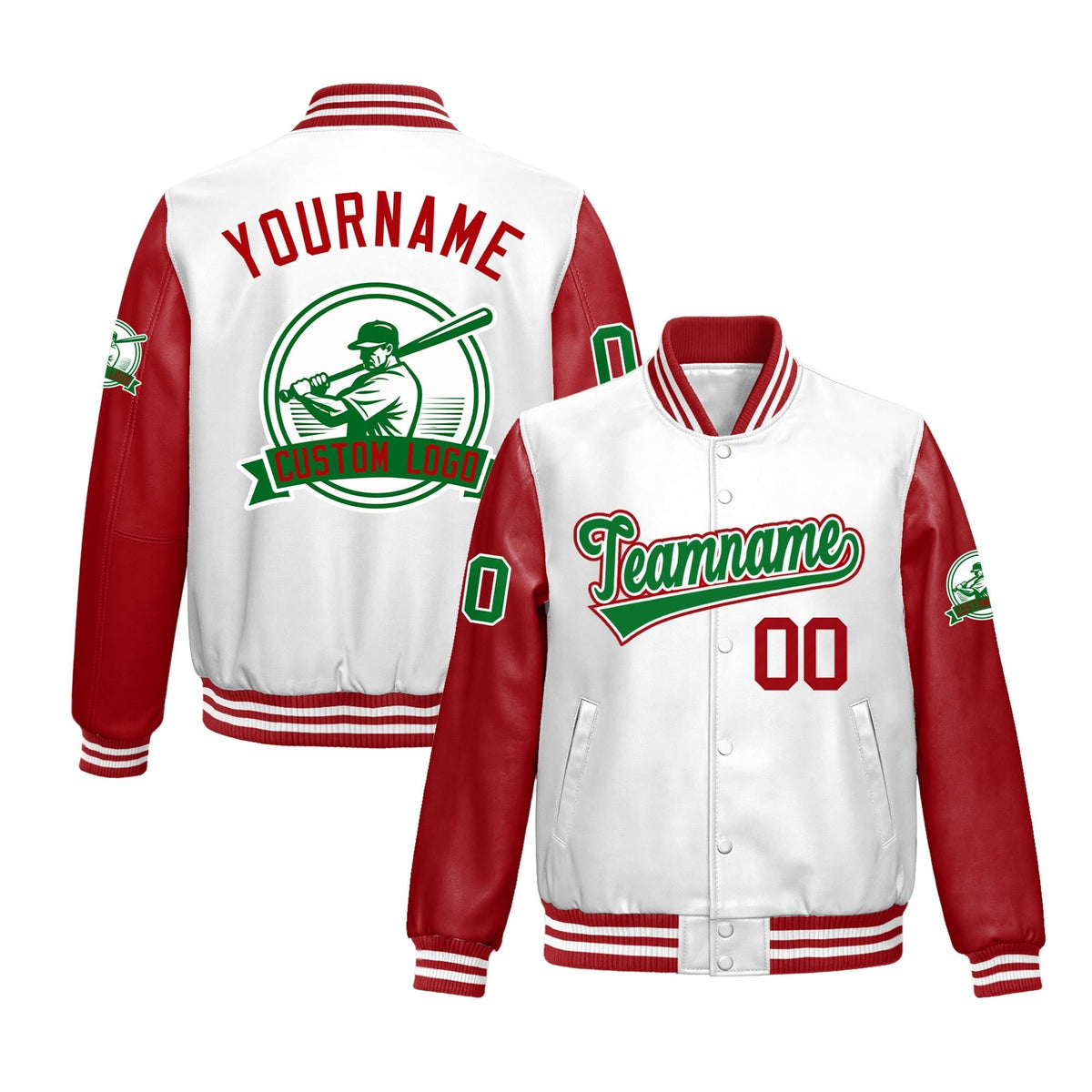 Custom Red White Raglan Sleeves Full-Snap Faux Leather Letterman Jacket| KXKSHOP