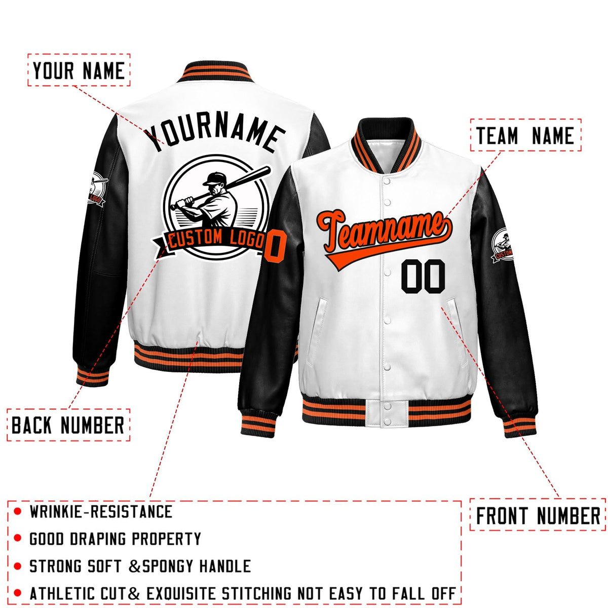 Custom Black White Raglan Sleeves Full-Snap Faux Leather Letterman Jacket| KXKSHOP