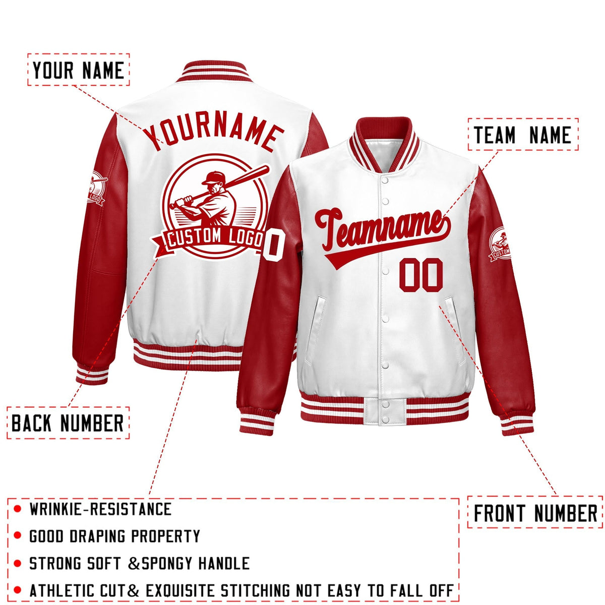 Custom Red White Raglan Sleeves Full-Snap Faux Leather Letterman Jacket| KXKSHOP