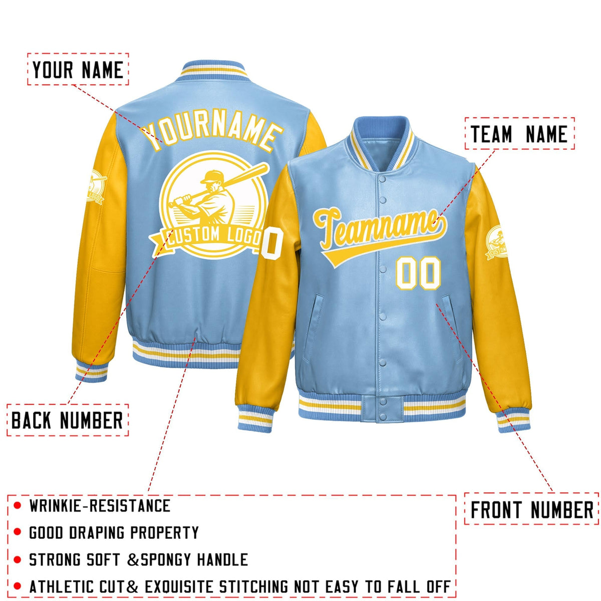 Custom Powder Blue Yellow Raglan Sleeves Full-Snap Faux Leather Letterman Jacket| KXKSHOP