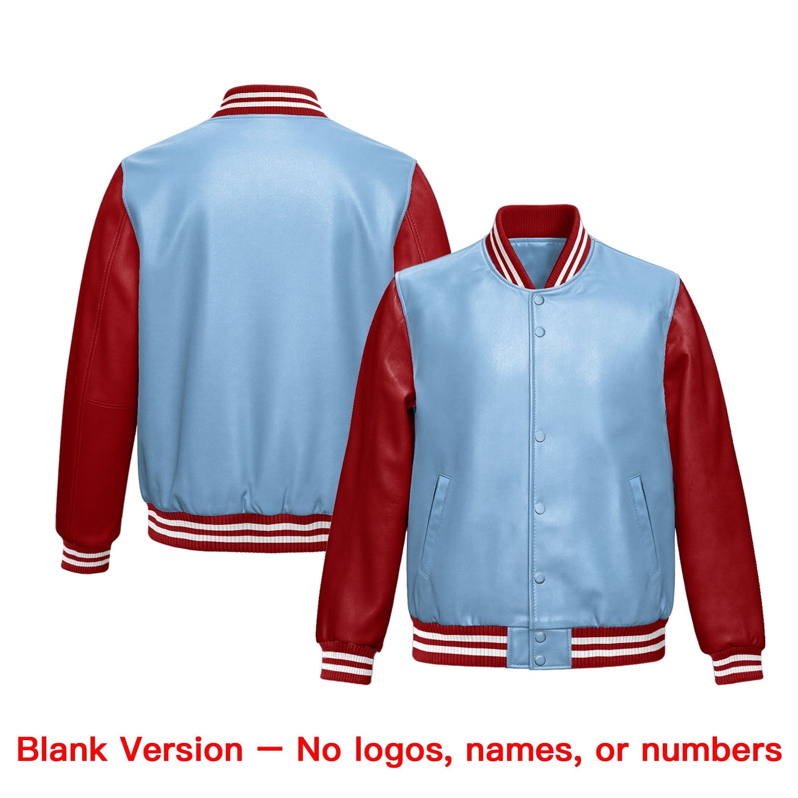 Custom Powder Blue Red Raglan Sleeves Full-Snap Faux Leather Letterman Jacket| KXKSHOP