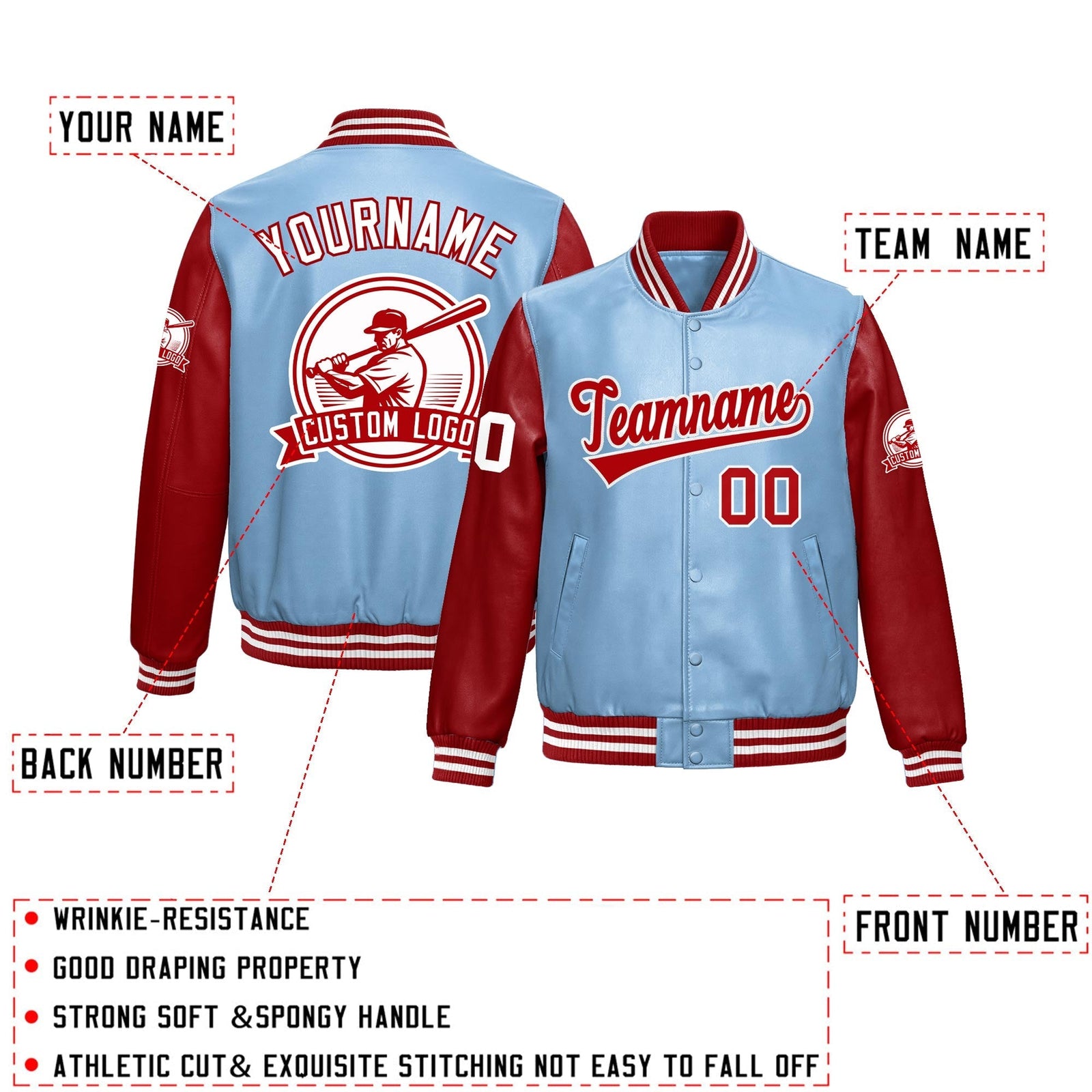 Custom Powder Blue Red Raglan Sleeves Full-Snap Faux Leather Letterman Jacket| KXKSHOP