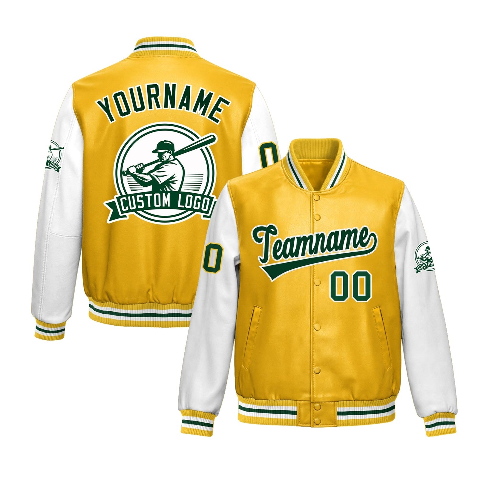 Custom Yellow White Raglan Sleeves Full-Snap Faux Leather Letterman Jacket| KXKSHOP