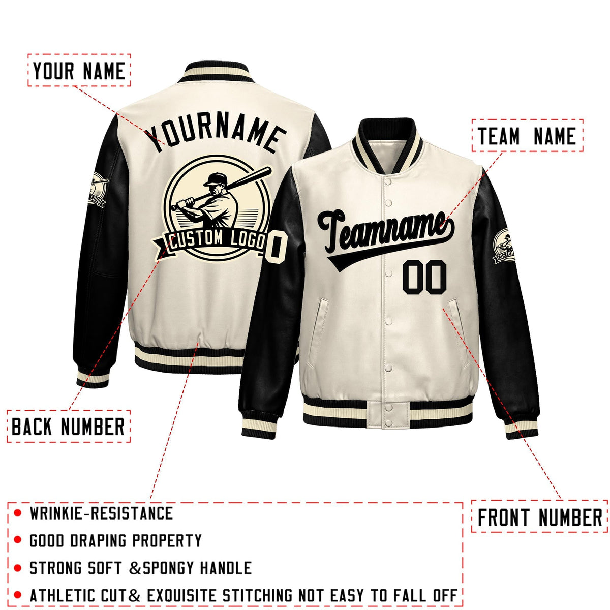 Custom Cream Black Raglan Sleeves Full-Snap Faux Leather Letterman Jacket| KXKSHOP