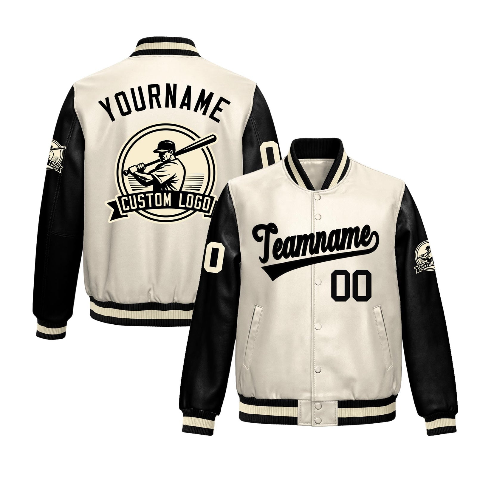 Custom Cream Black Raglan Sleeves Full-Snap Faux Leather Letterman Jacket| KXKSHOP
