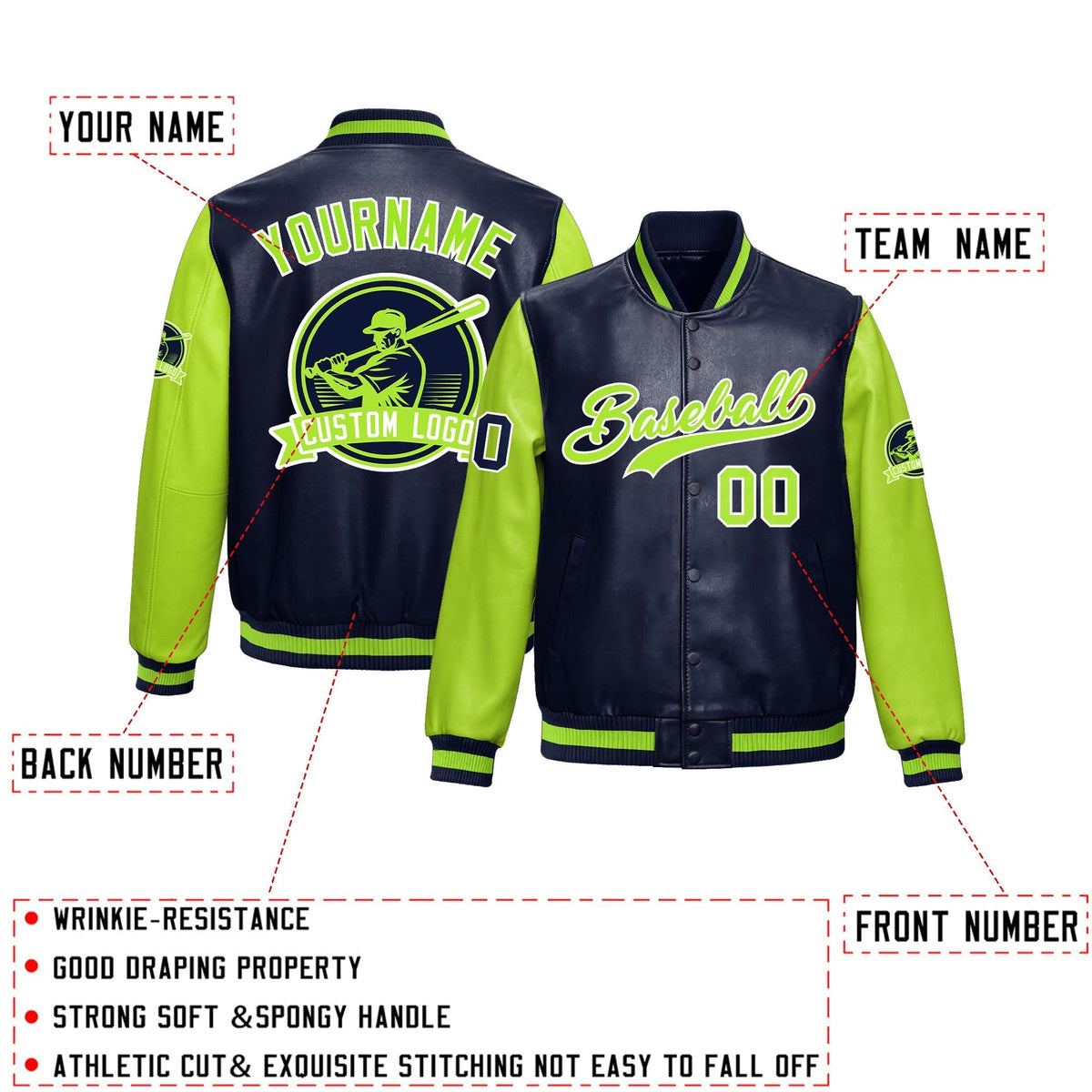 Custom Navy Neon Green Raglan Sleeves Full-Snap Faux Leather Letterman Jacket| KXKSHOP