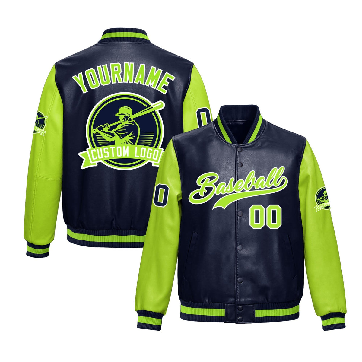 Custom Navy Neon Green Raglan Sleeves Full-Snap Faux Leather Letterman Jacket| KXKSHOP