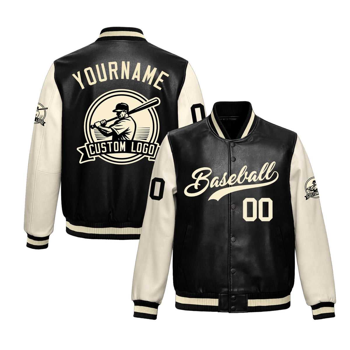 Custom Black Cream Raglan Sleeves Full-Snap Faux Leather Letterman Jacket| KXKSHOP