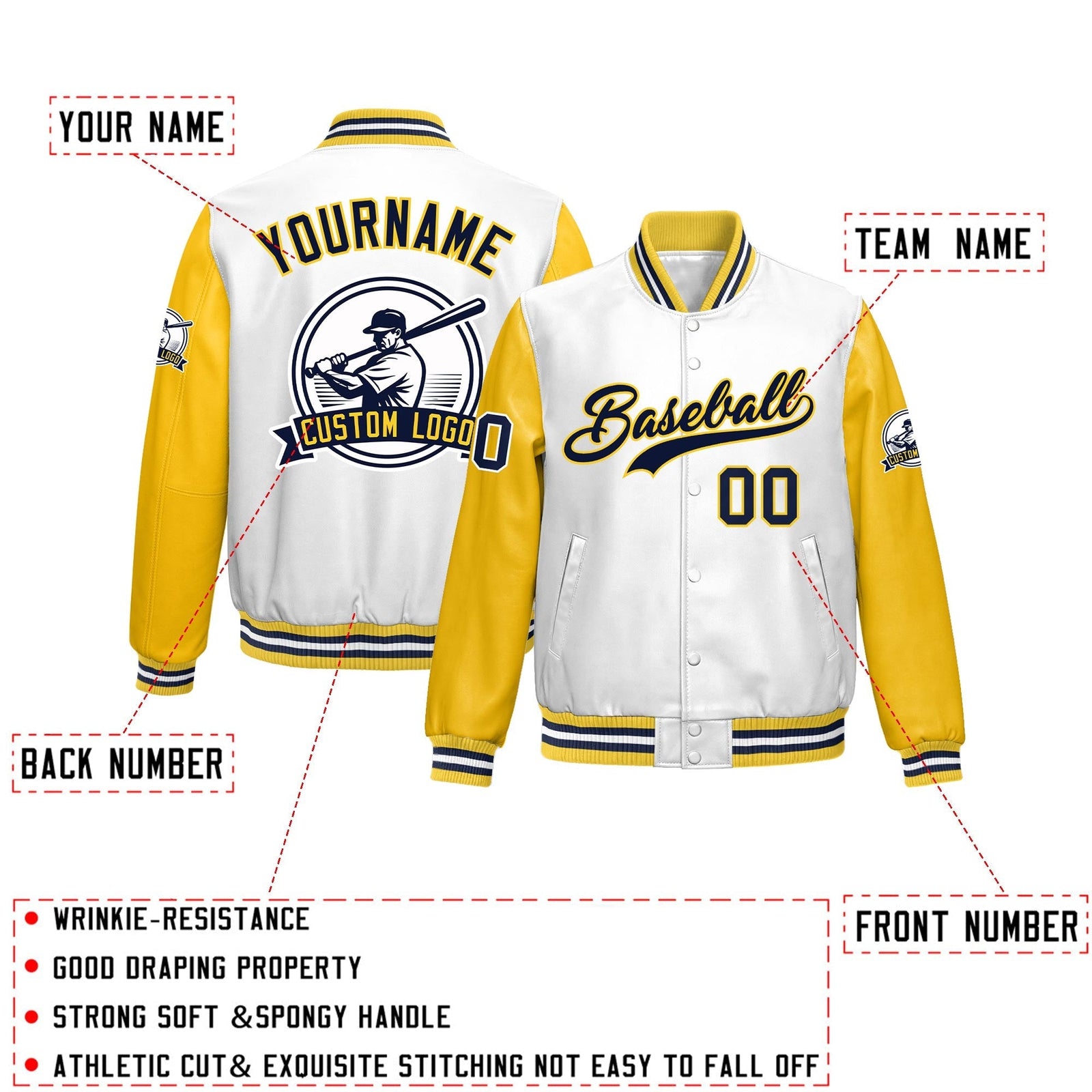 Custom Yellow White Raglan Sleeves Full-Snap Faux Leather Letterman Jacket| KXKSHOP