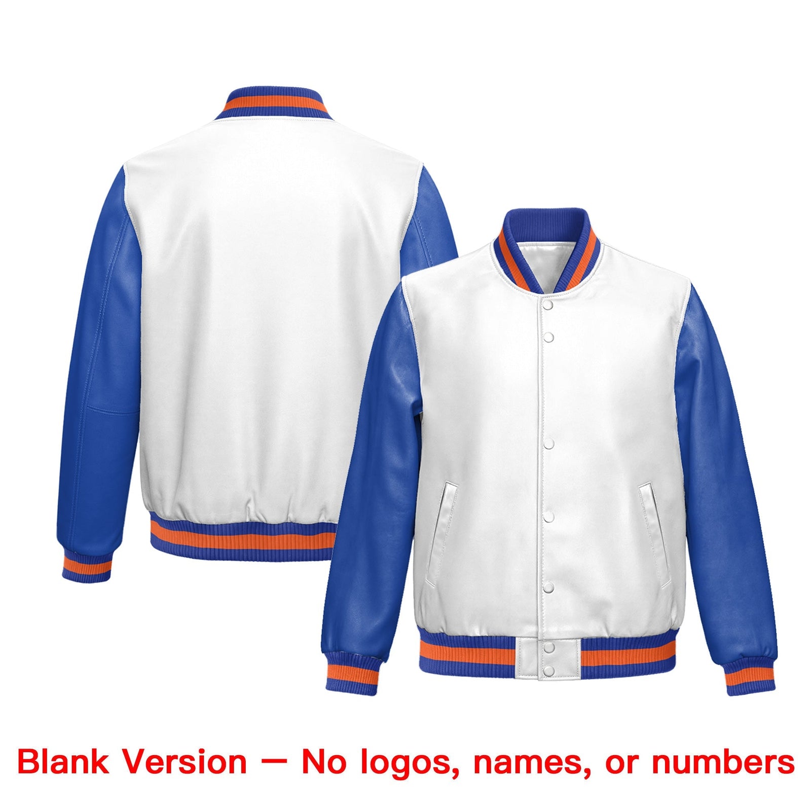 Custom Royal Blue Orange Raglan Sleeves Full-Snap Faux Leather Letterman Jacket| KXKSHOP