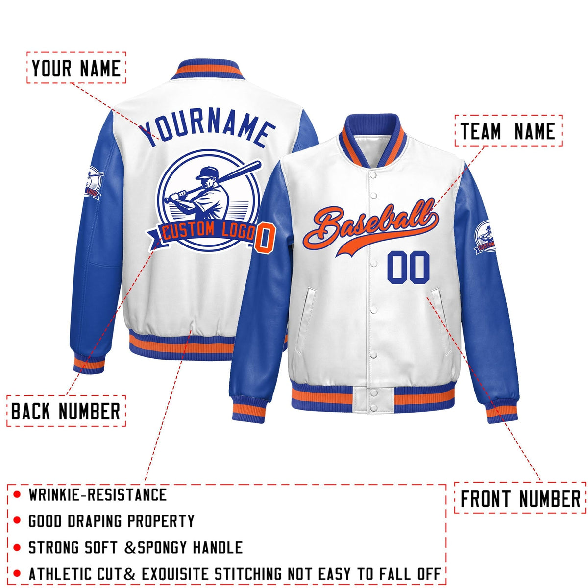 Custom Royal Blue Orange Raglan Sleeves Full-Snap Faux Leather Letterman Jacket| KXKSHOP
