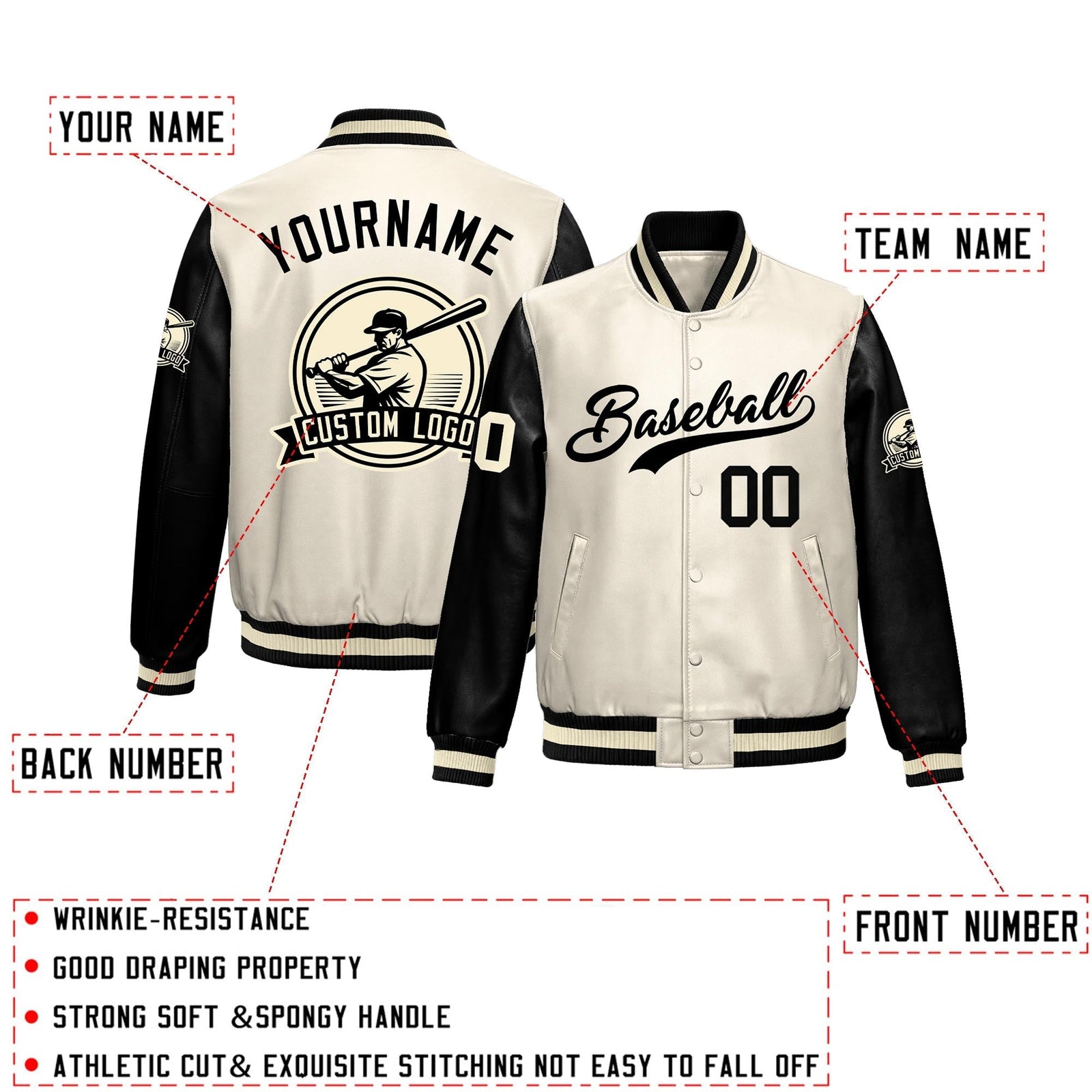 Custom Cream Black Raglan Sleeves Full-Snap Faux Leather Letterman Jacket| KXKSHOP