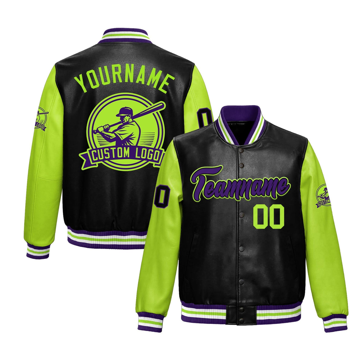 Custom Black Neon Green Raglan Sleeves Full-Snap Faux Leather Letterman Jacket| KXKSHOP