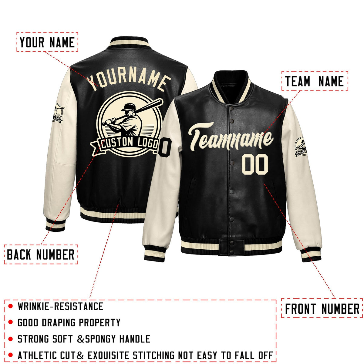 Custom Black Cream Raglan Sleeves Full-Snap Faux Leather Letterman Jacket| KXKSHOP