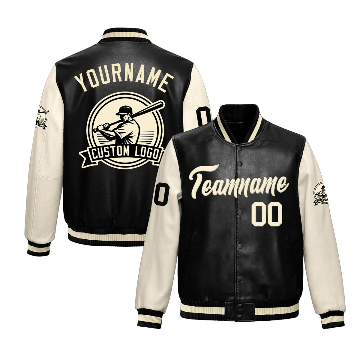 Custom Black Cream Raglan Sleeves Full-Snap Faux Leather Letterman Jacket| KXKSHOP