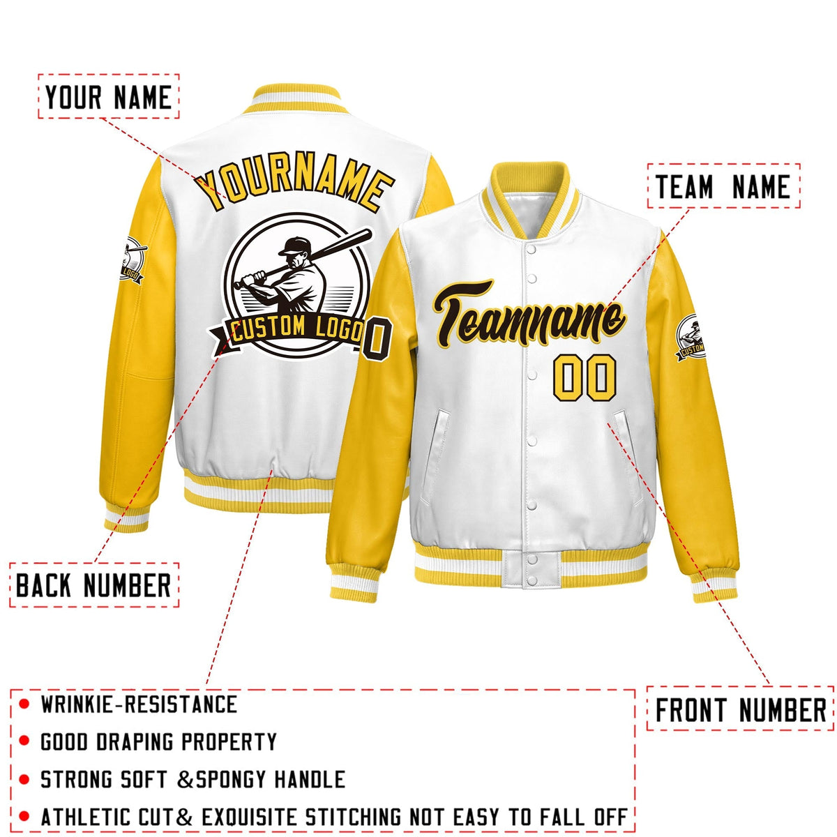 Custom Yellow Gold Raglan Sleeves Full-Snap Faux Leather Letterman Jacket| KXKSHOP