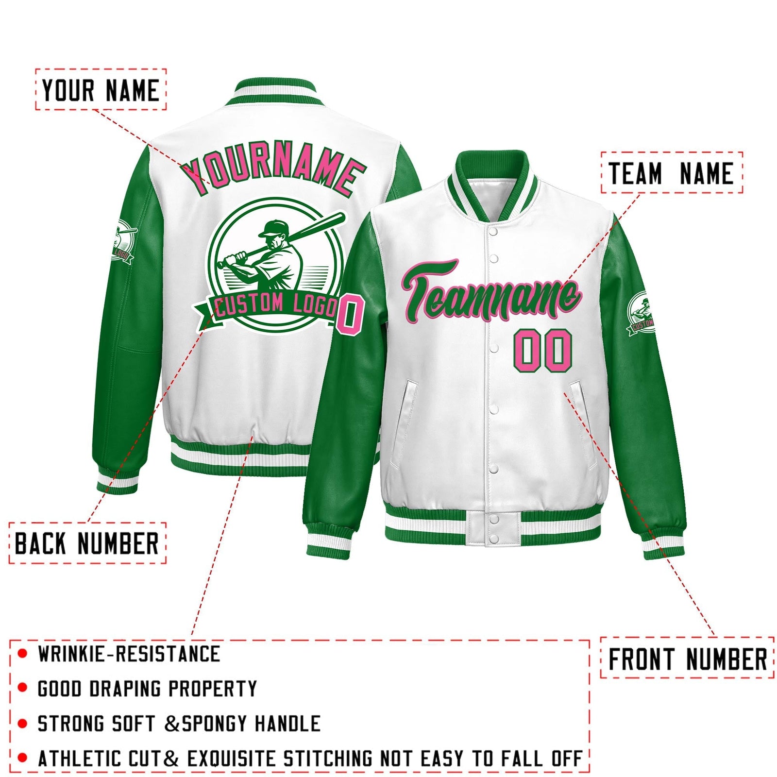 Custom Kelly Green White Raglan Sleeves Full-Snap Faux Leather Letterman Jacket| KXKSHOP