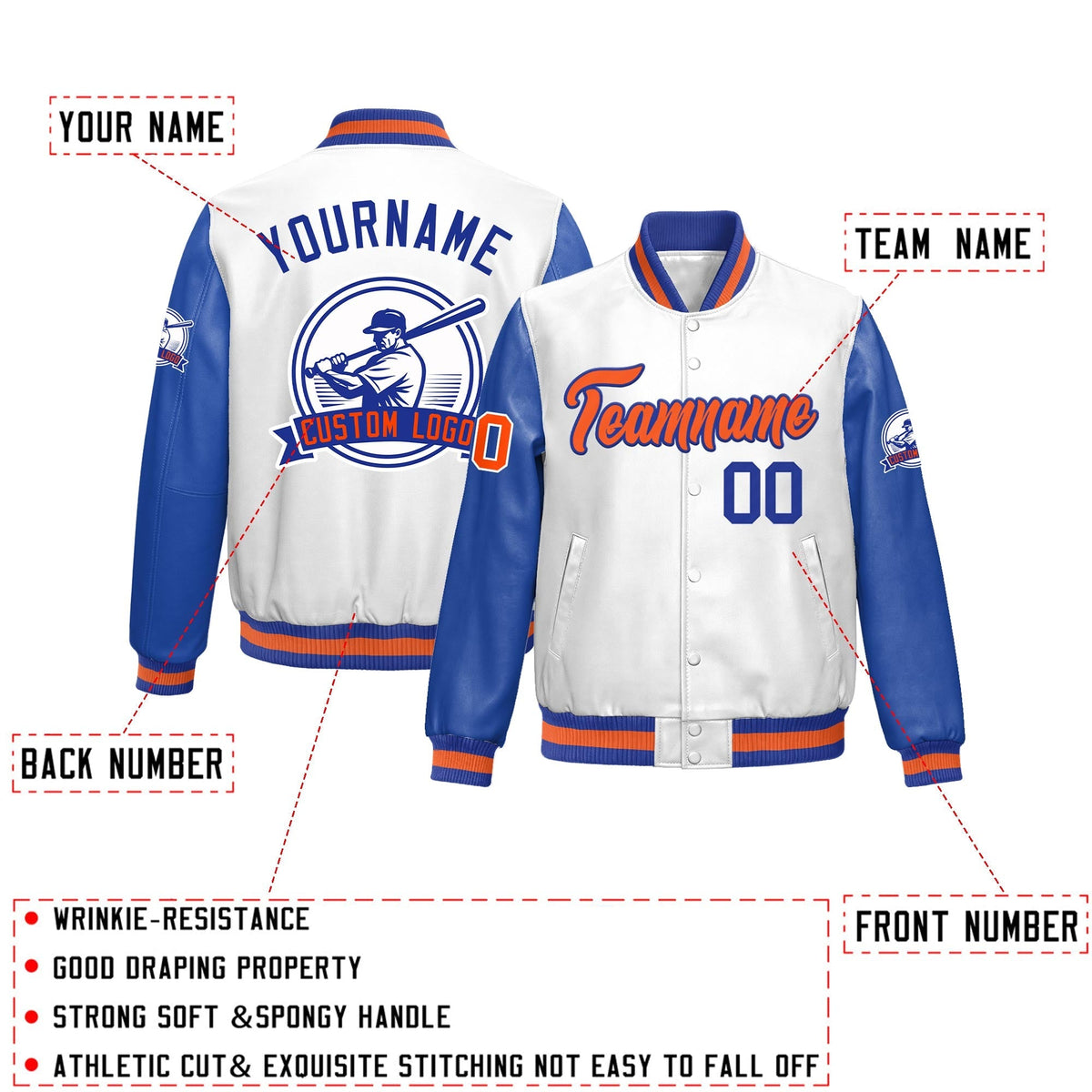 Custom Royal Blue Orange Raglan Sleeves Full-Snap Faux Leather Letterman Jacket| KXKSHOP