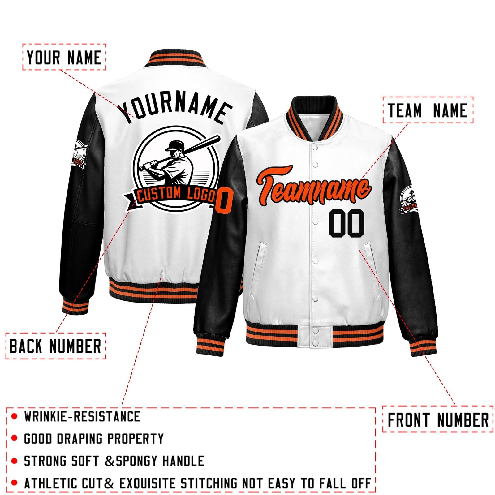 Custom Black White Raglan Sleeves Full-Snap Faux Leather Letterman Jacket| KXKSHOP