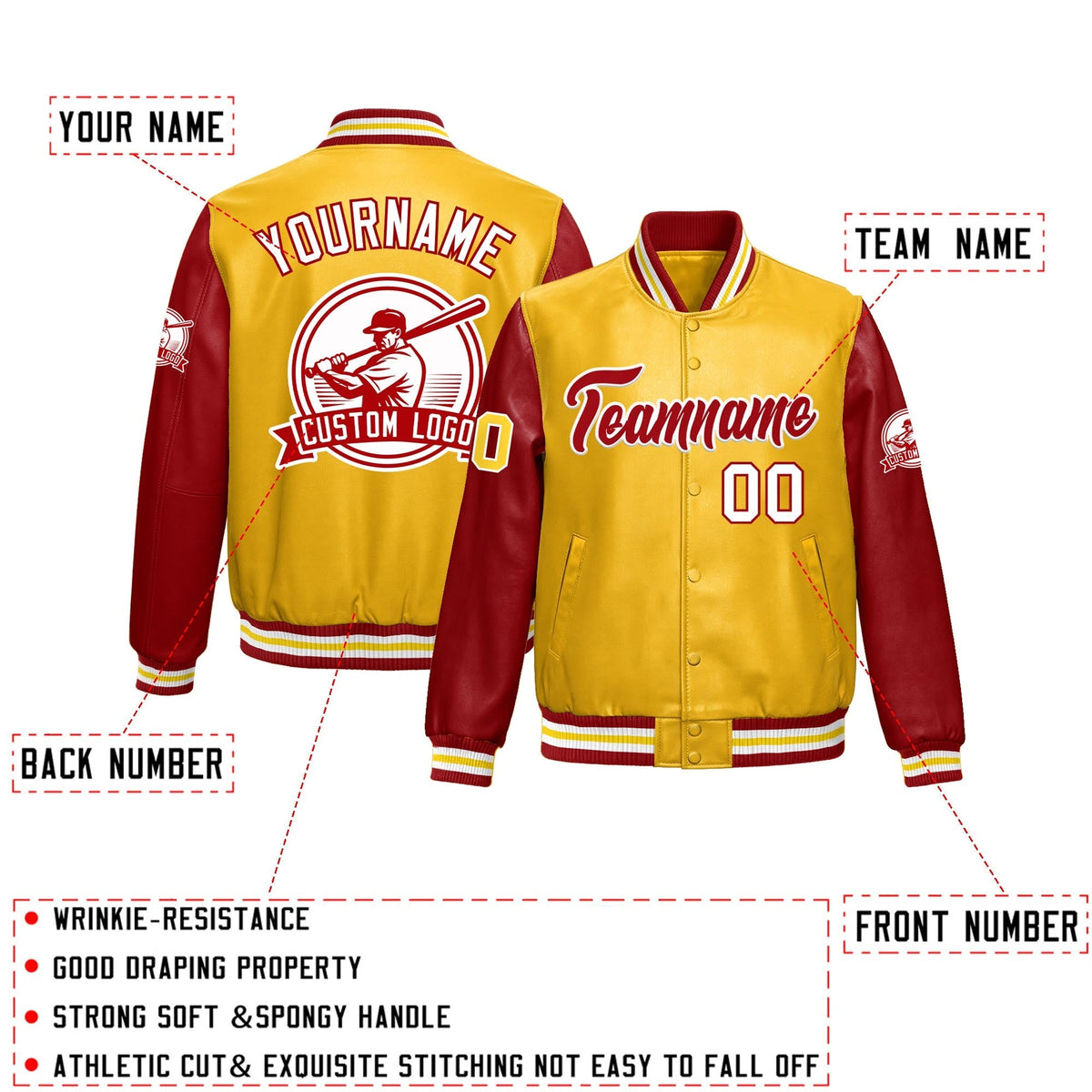Custom Yellow Red Raglan Sleeves Full-Snap Faux Leather Letterman Jacket| KXKSHOP