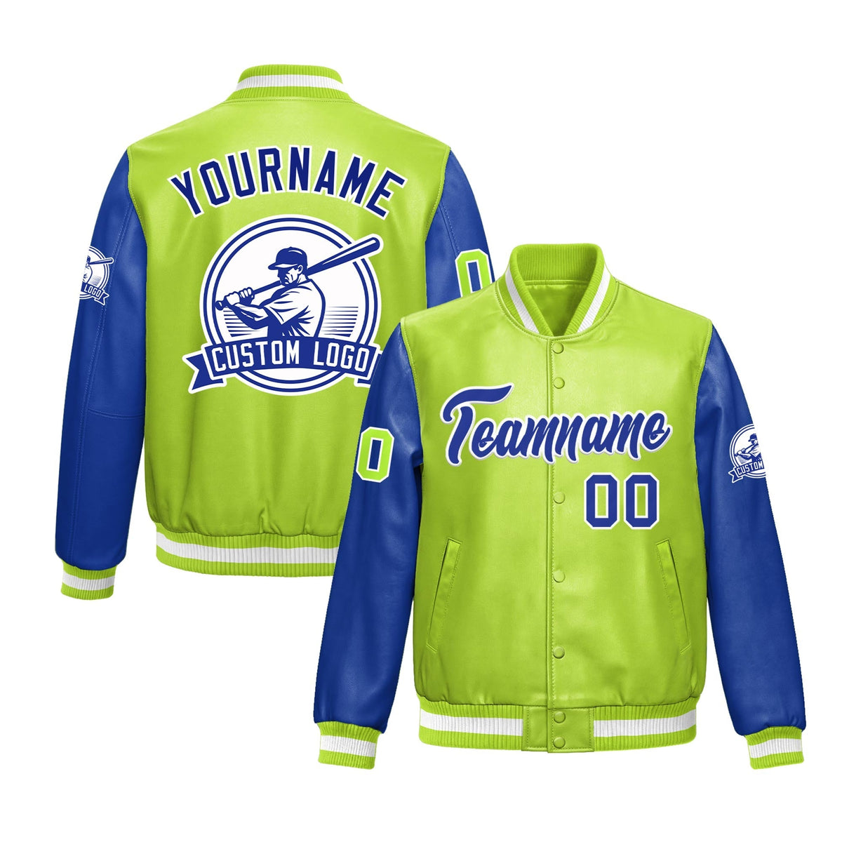 Custom Neon Green Royal Blue Raglan Sleeves Full-Snap Faux Leather Letterman Jacket| KXKSHOP