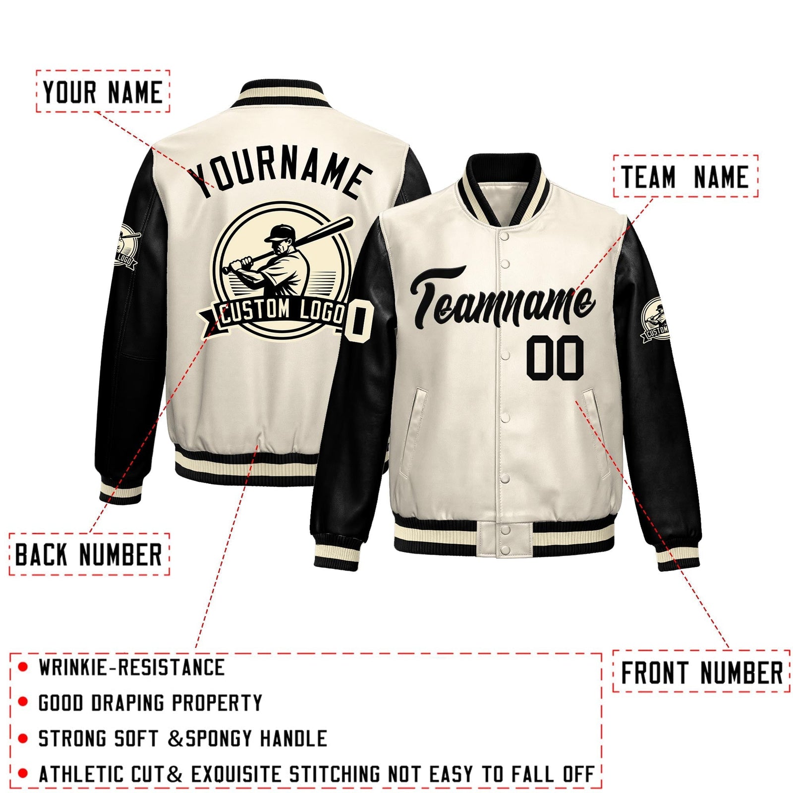 Custom Cream Black Raglan Sleeves Full-Snap Faux Leather Letterman Jacket| KXKSHOP