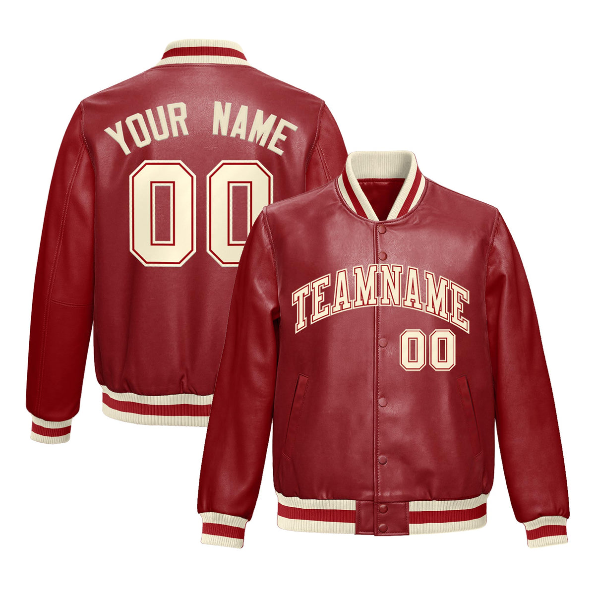 Custom Red Cream Full-Snap Varsity Faux Leather Letterman Jacket| KXKSHOP