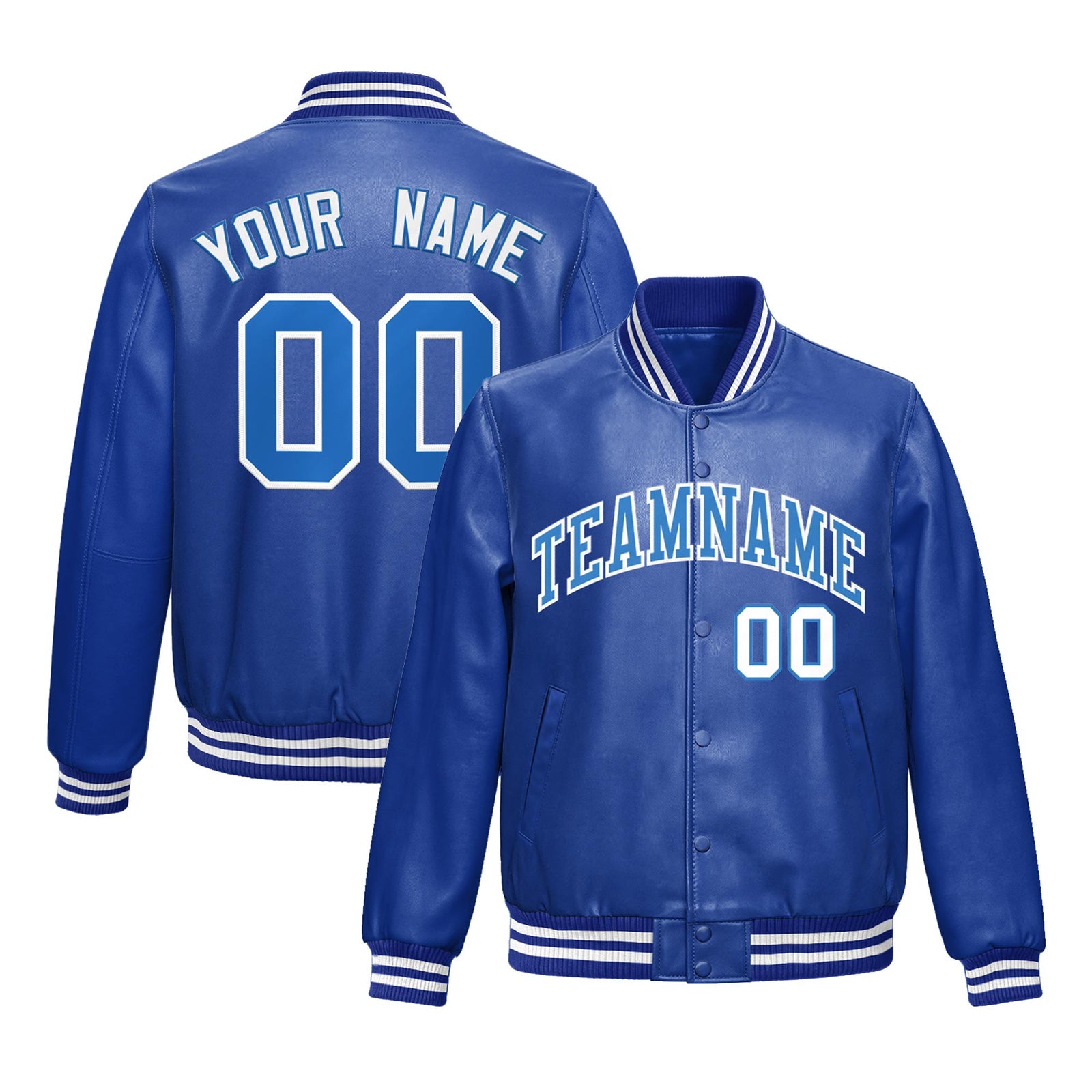 Custom Royal Blue Light Blue Full-Snap Varsity Faux Leather Letterman Jacket| KXKSHOP