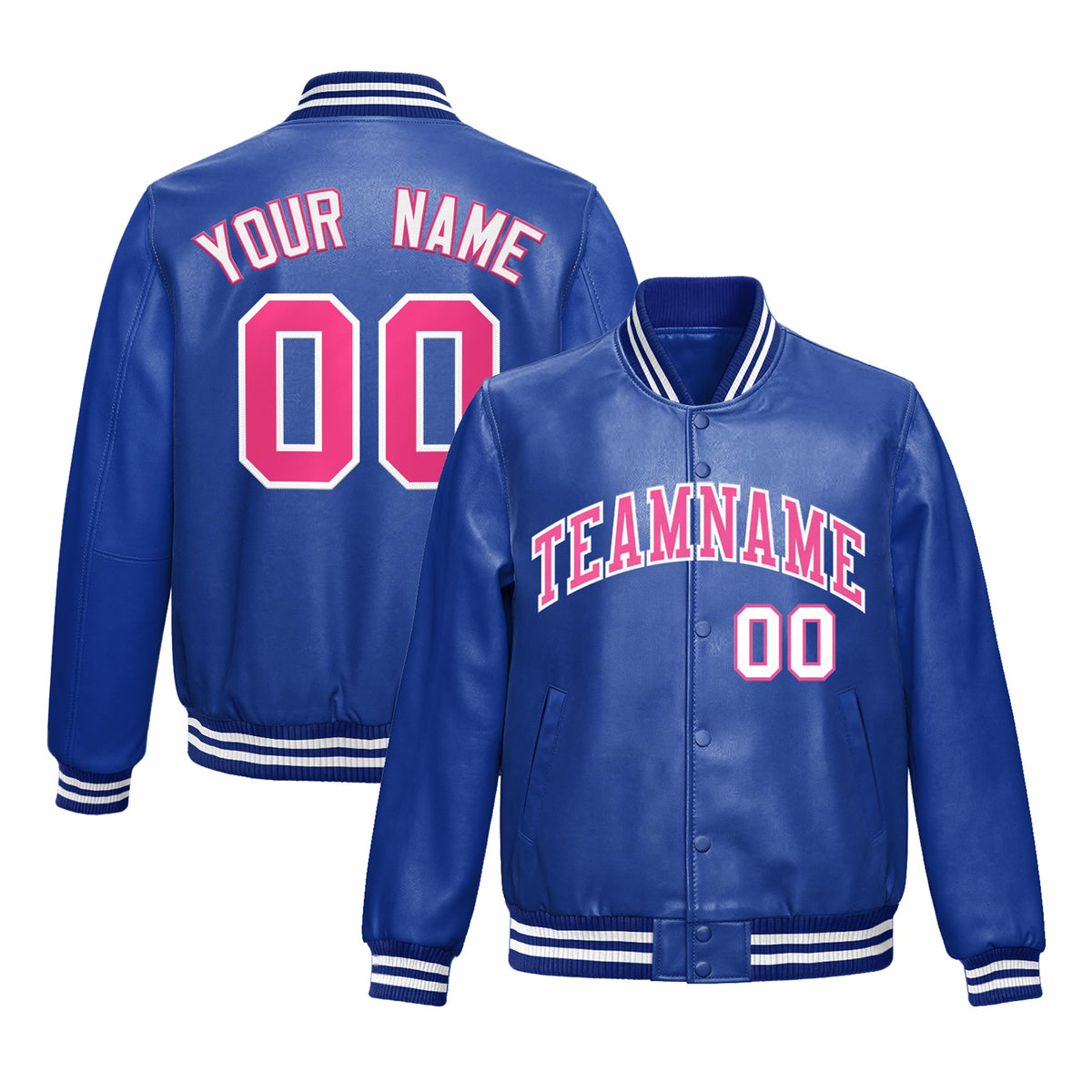 Custom Royal Blue Pink Full-Snap Varsity Faux Leather Letterman Jacket| KXKSHOP