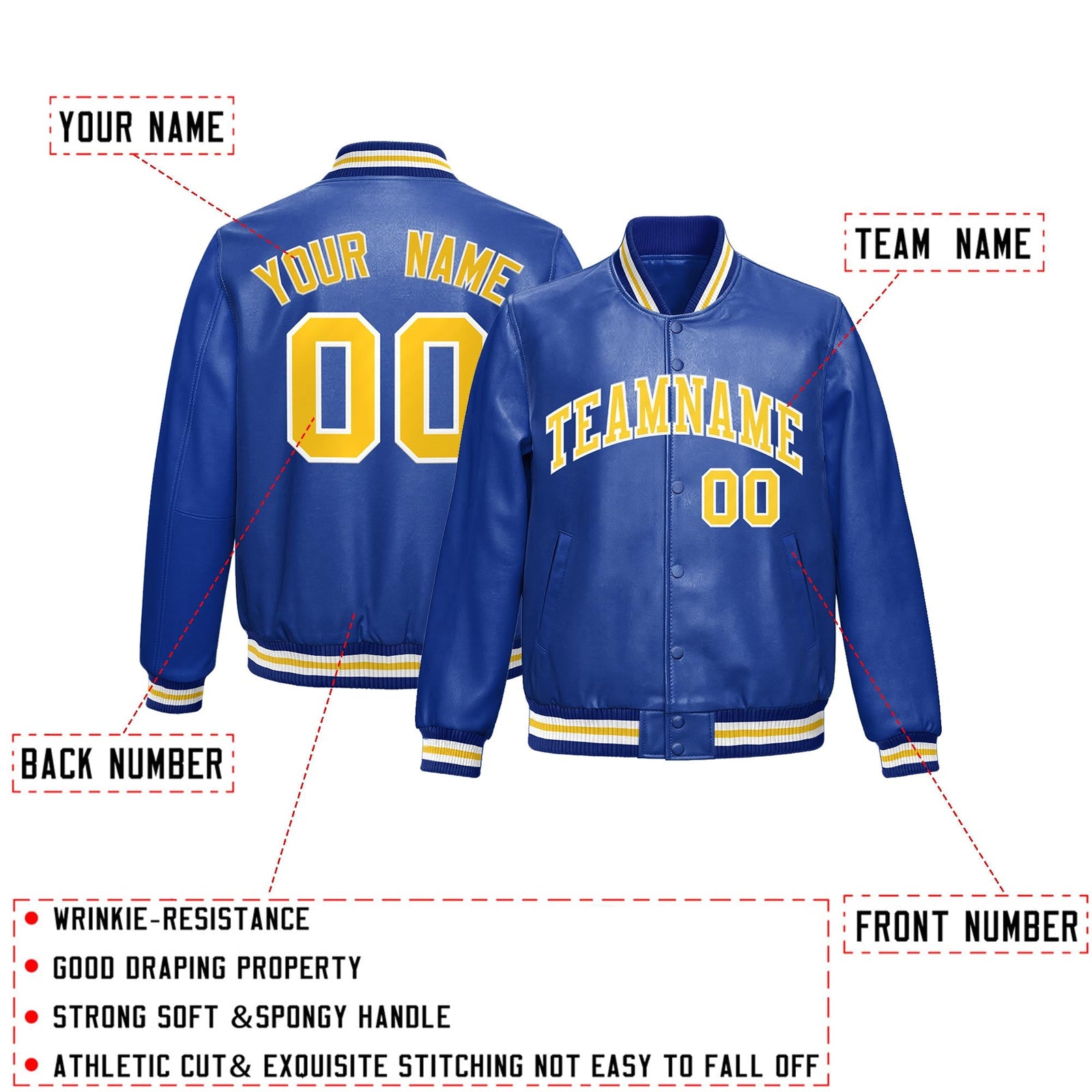 Custom Royal Blue Gold Full-Snap Varsity Faux Leather Letterman Jacket| KXKSHOP