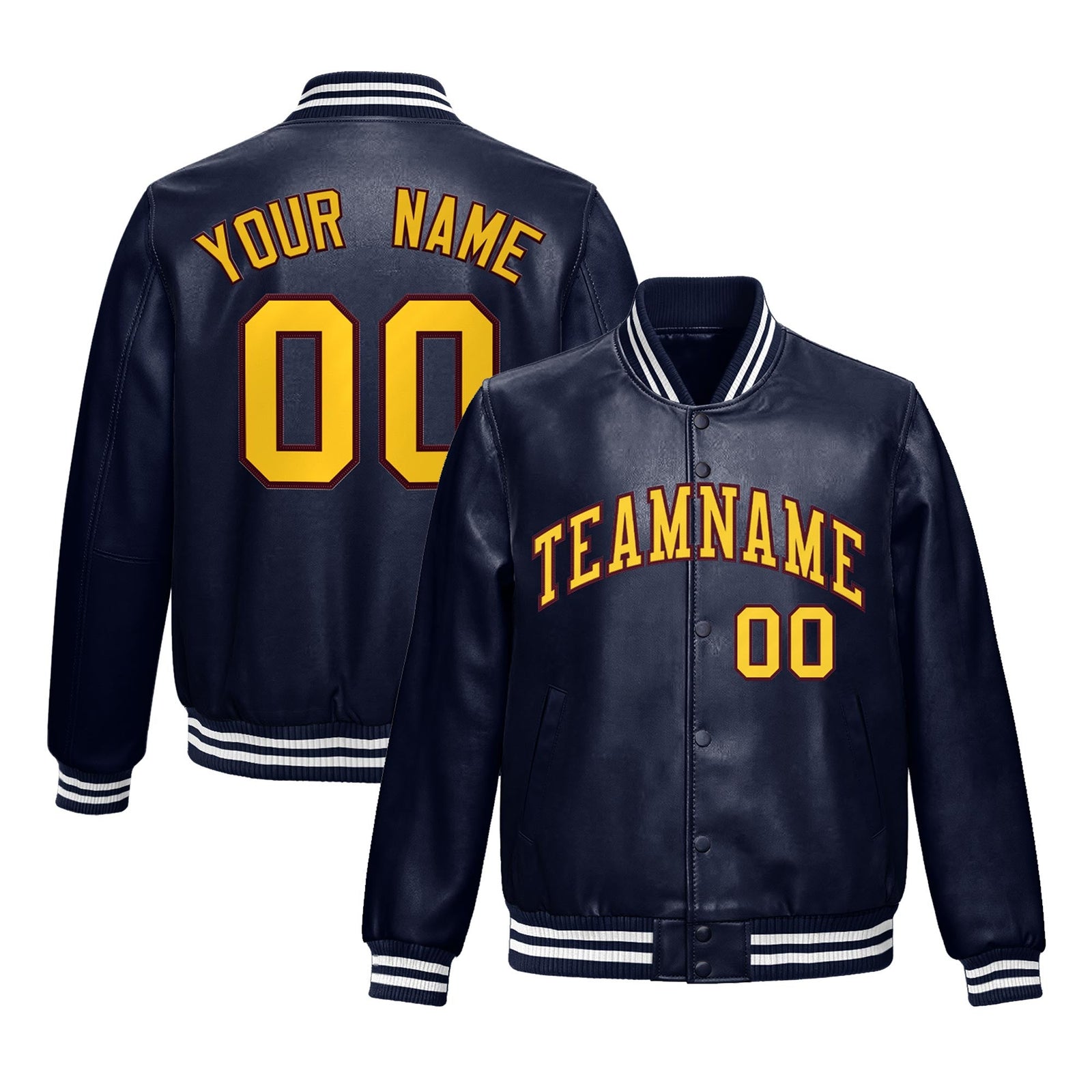 Custom Navy Crimson Gold Full-Snap Varsity Faux Leather Letterman Jacket| KXKSHOP