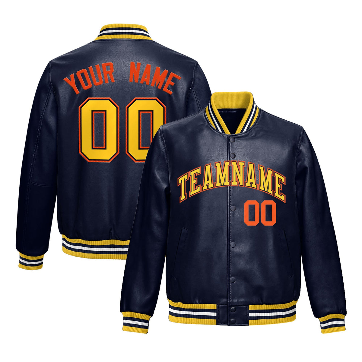 Custom Navy Gold Full-Snap Varsity Faux Leather Letterman Jacket| KXKSHOP