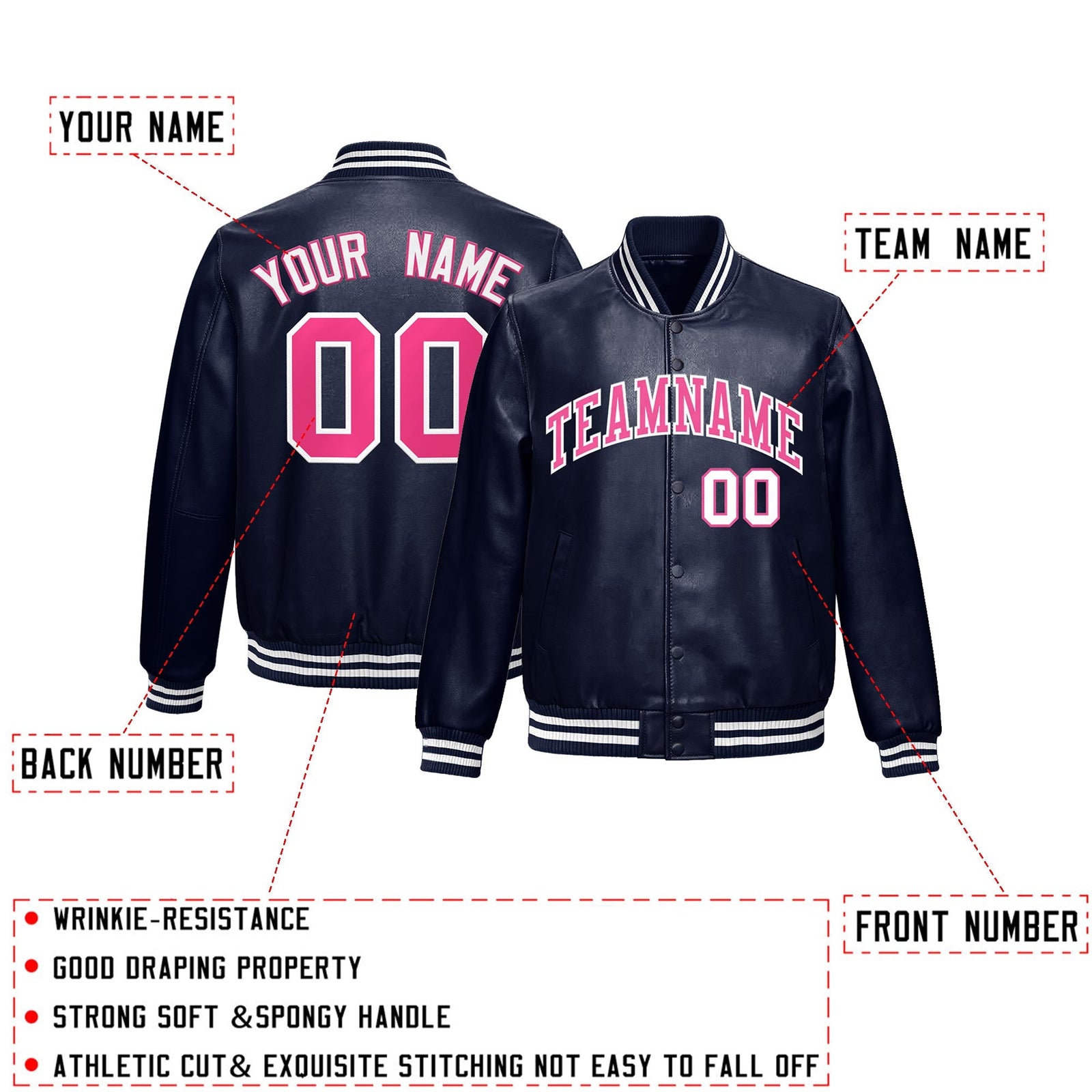 Custom Navy Pink Full-Snap Varsity Faux Leather Letterman Jacket| KXKSHOP