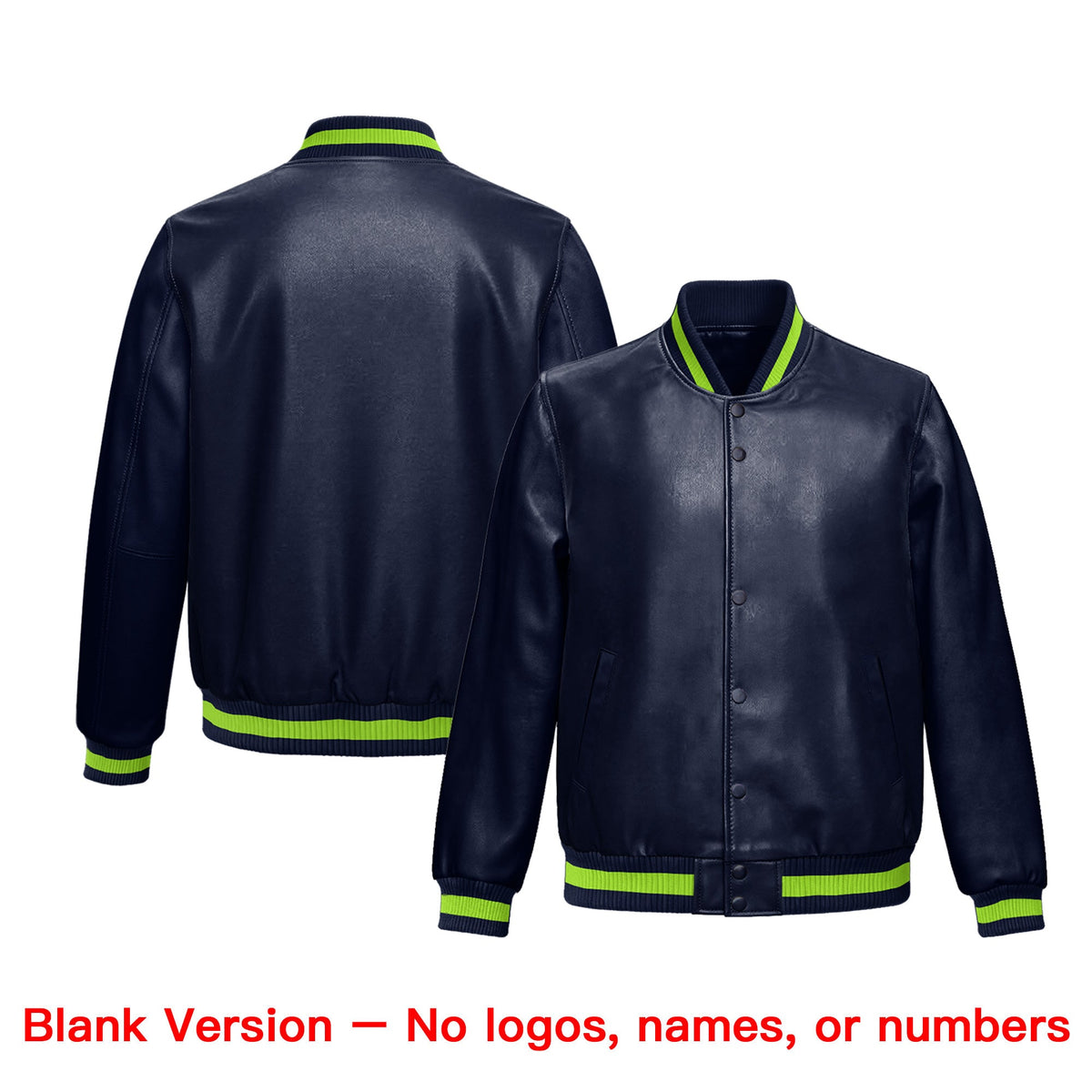 Custom Navy Neon Green White Full-Snap Varsity Faux Leather Letterman Jacket| KXKSHOP