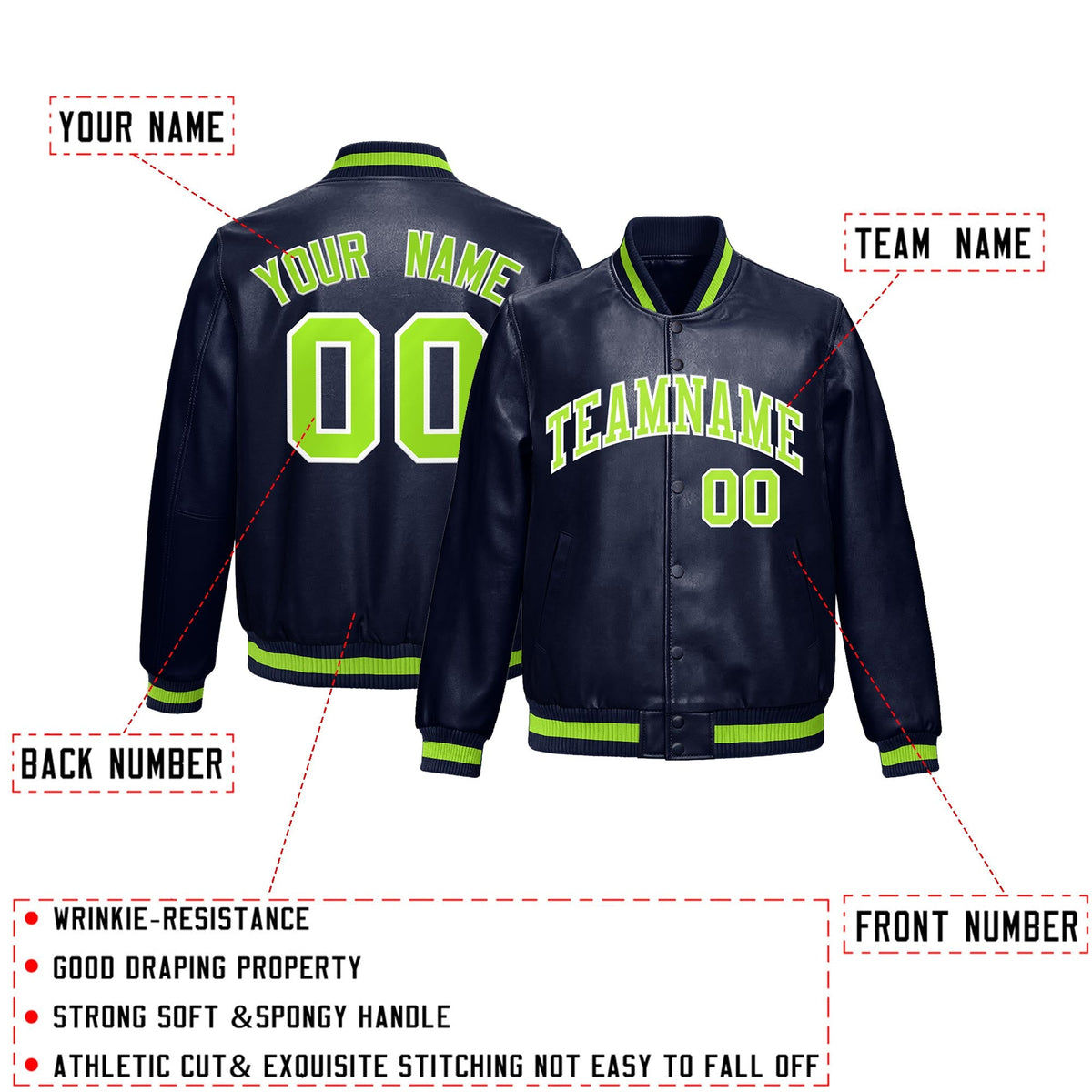 Custom Navy Neon Green White Full-Snap Varsity Faux Leather Letterman Jacket| KXKSHOP